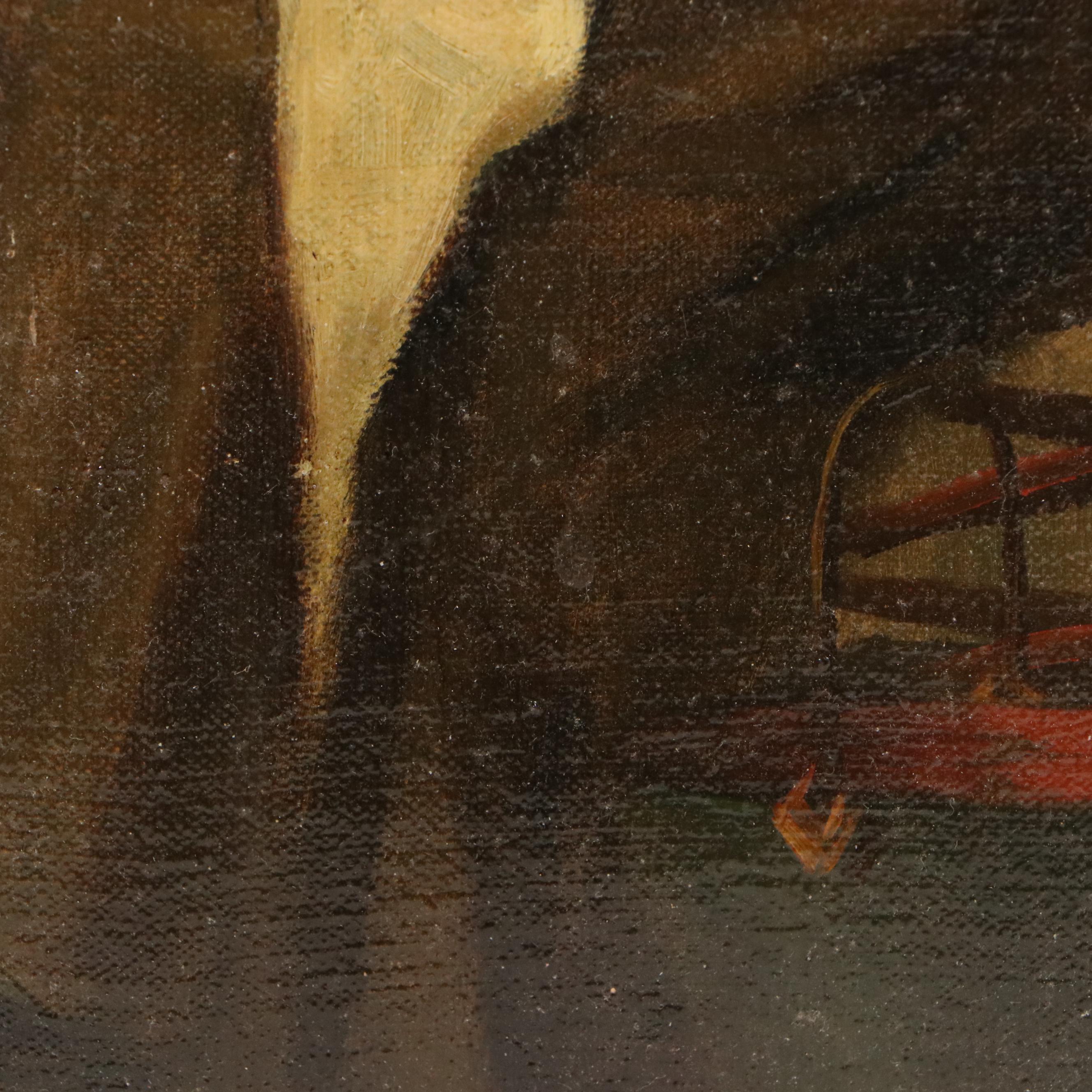 Dutch Kitchen Interior Oil Painting of Woman Stitching, Circa 1885