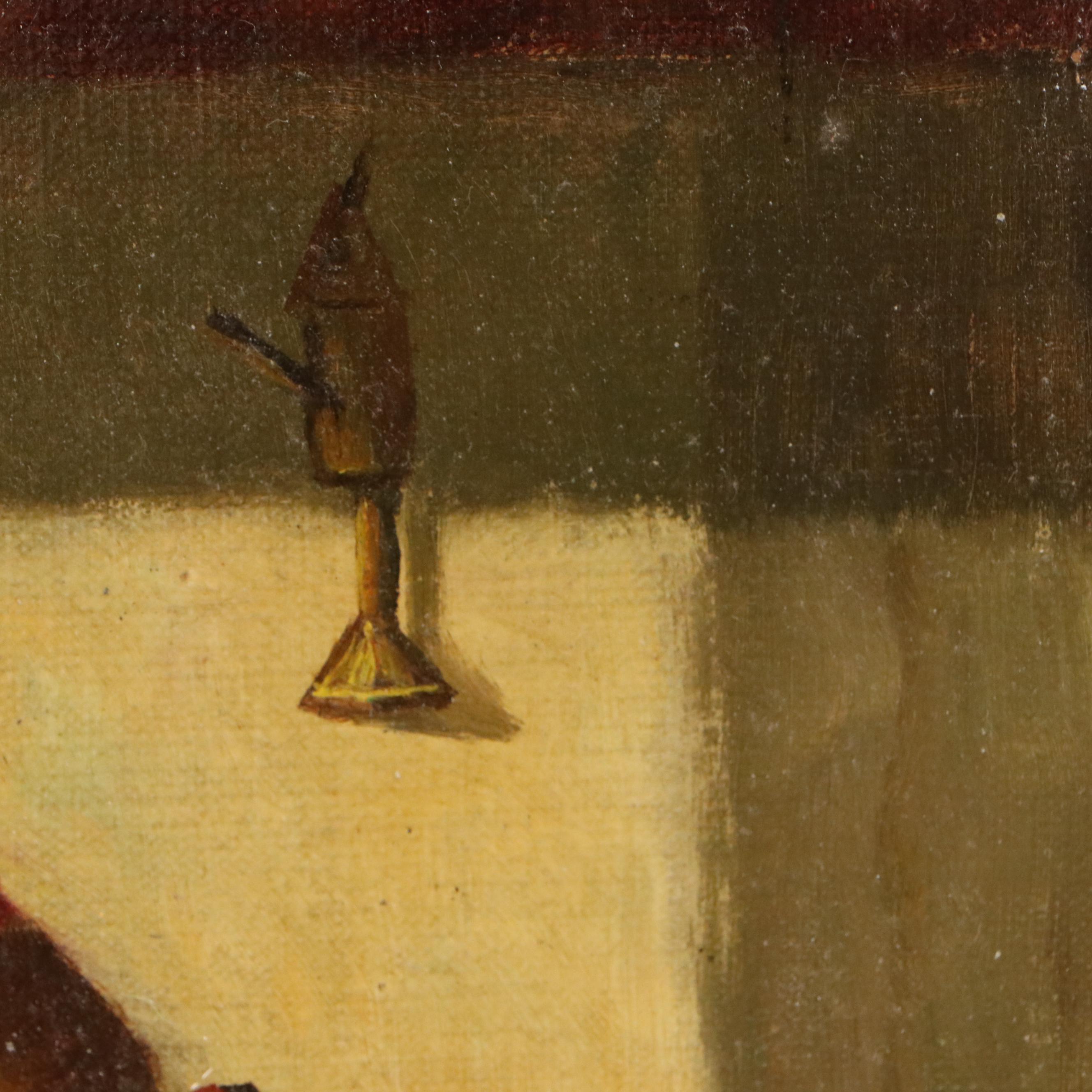 Dutch Kitchen Interior Oil Painting of Woman Stitching, Circa 1885