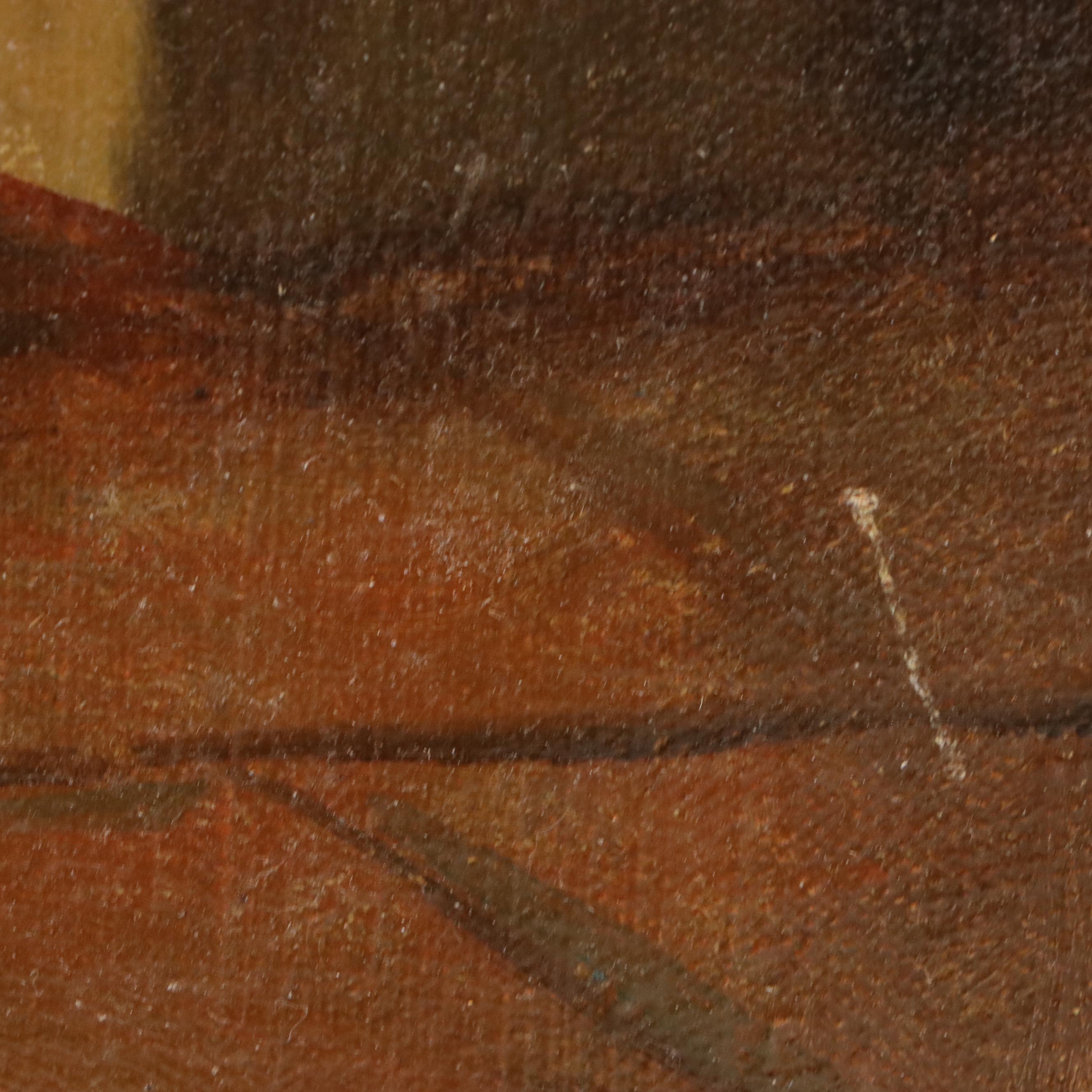 Dutch Kitchen Interior Oil Painting of Woman Stitching, Circa 1885