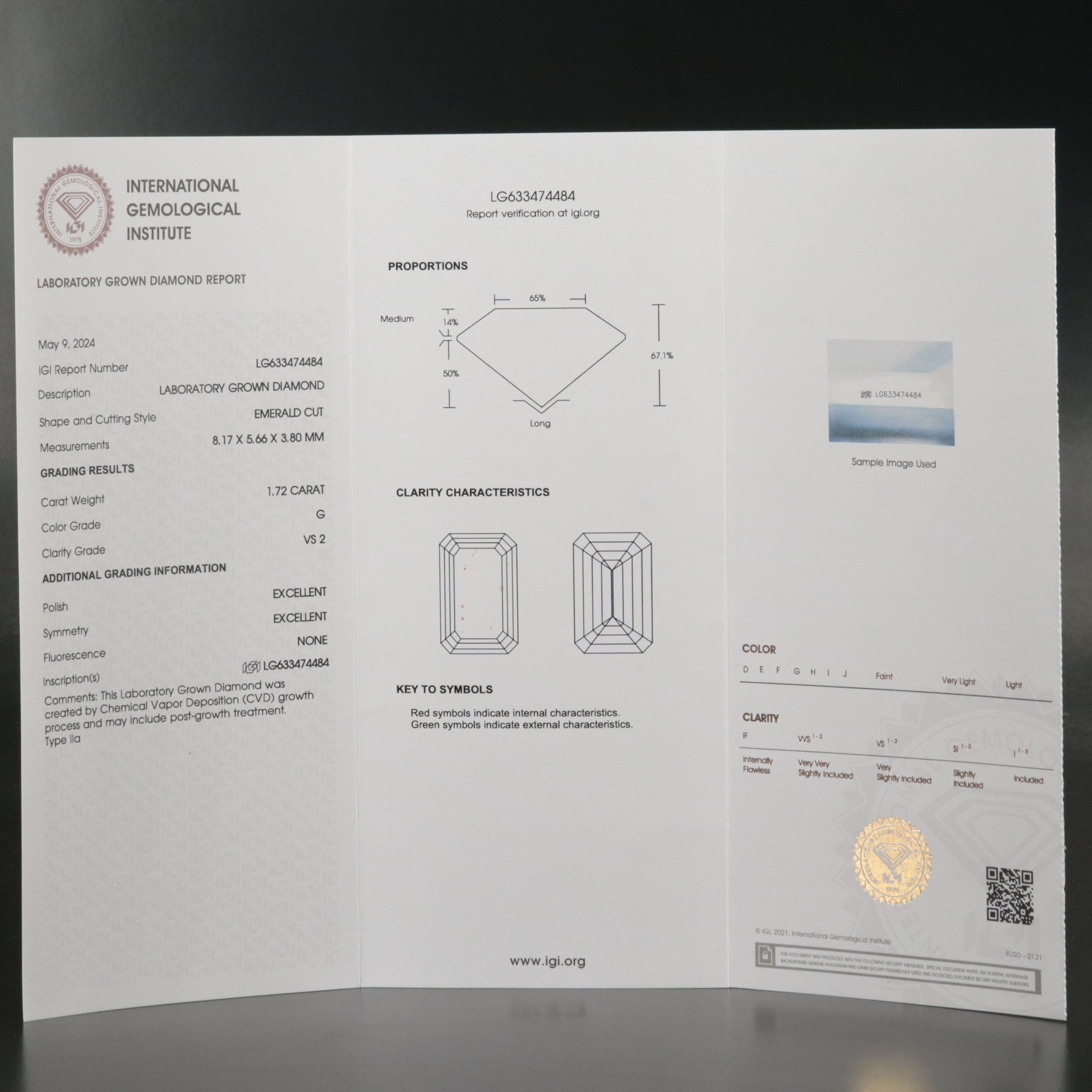 Loose 1.72 CT Lab Grown Diamond with IGI Report