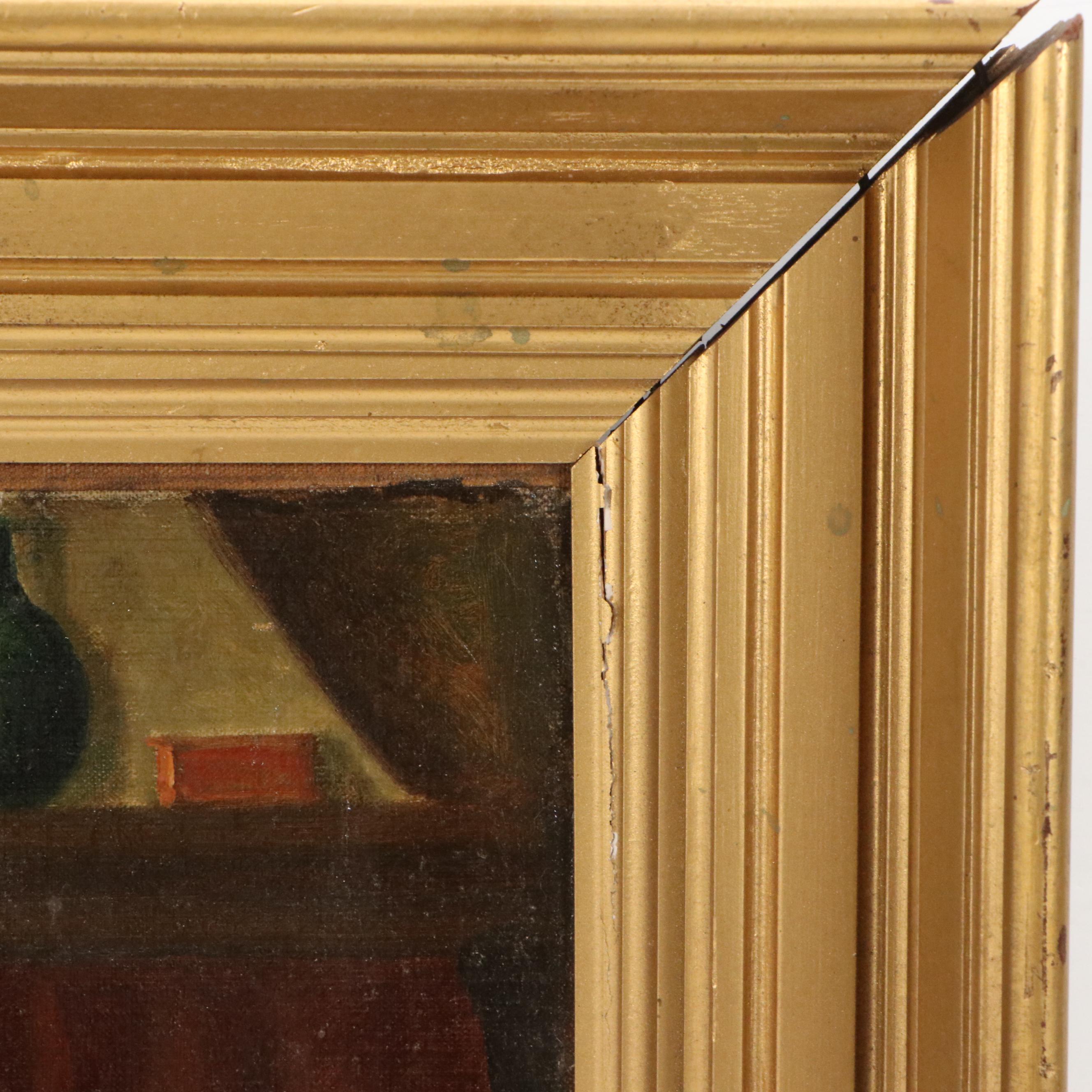 Dutch Kitchen Interior Oil Painting of Woman Stitching, Circa 1885