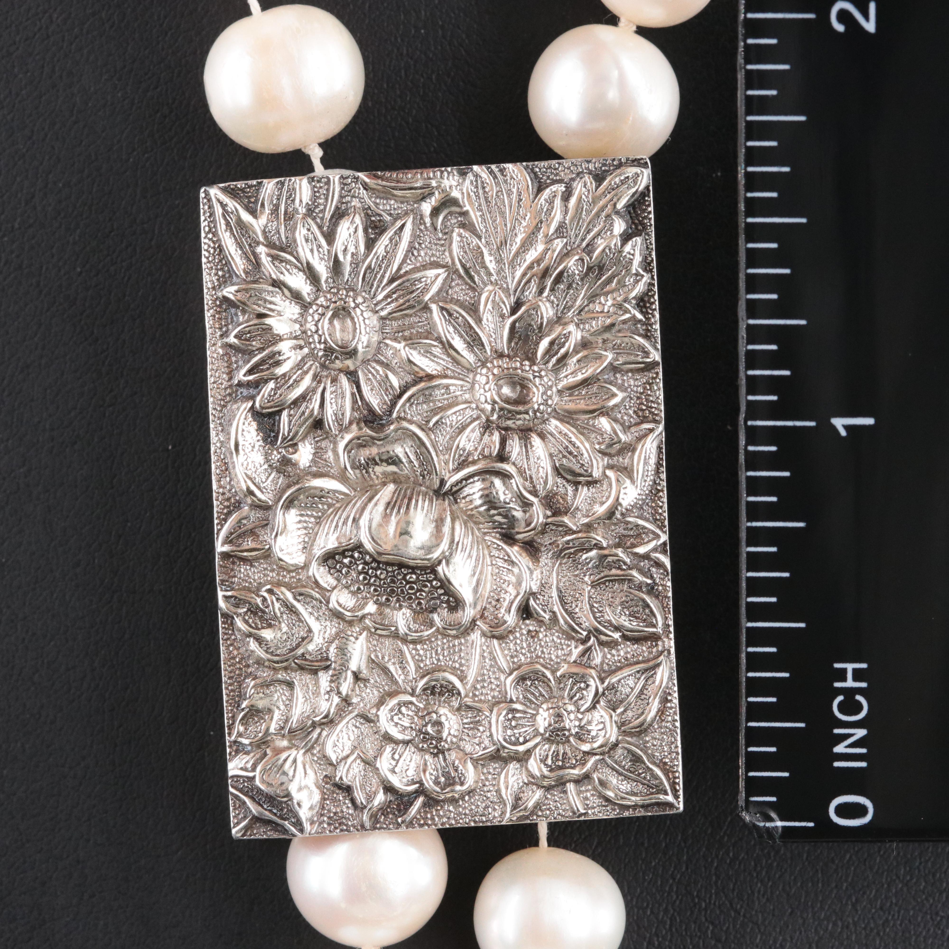 Pearl Lariat Necklace with Sterling Repoussé Floral Slide