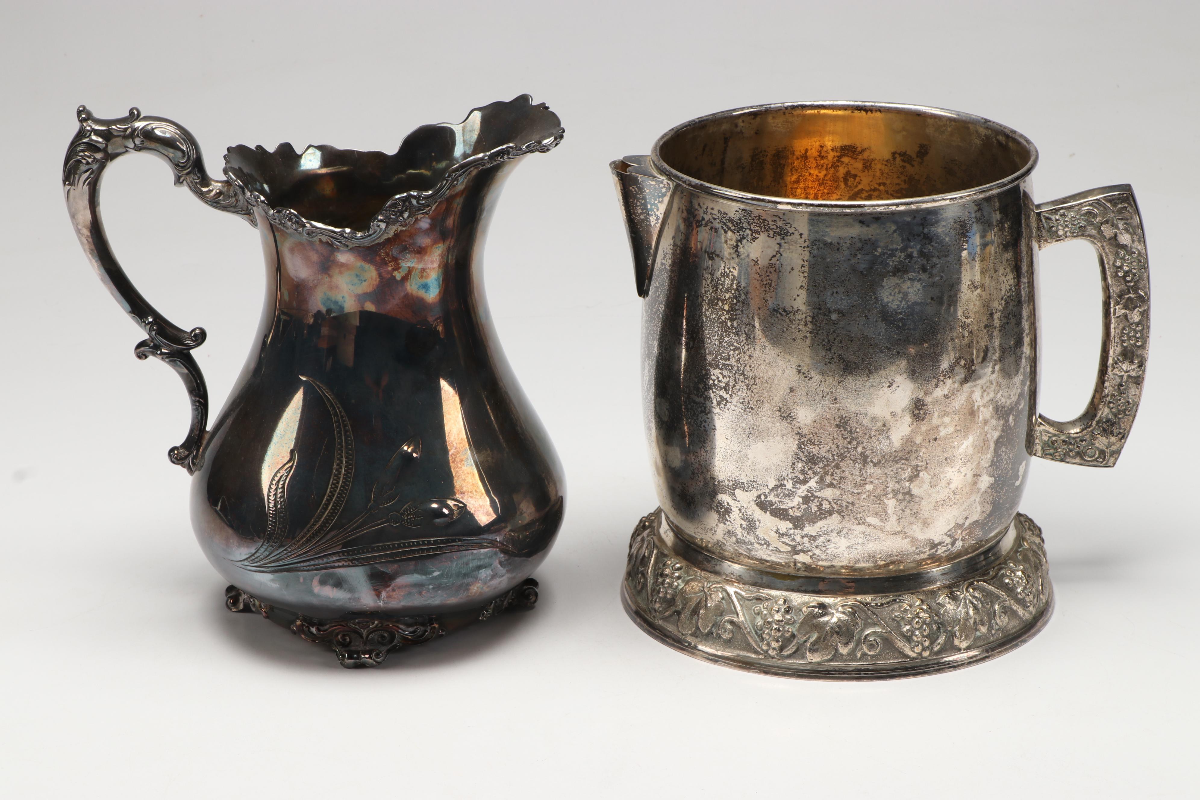 E. & J.B. Dutch Nickel Tray with Silver Plate Homan Pitcher and Other Tableware