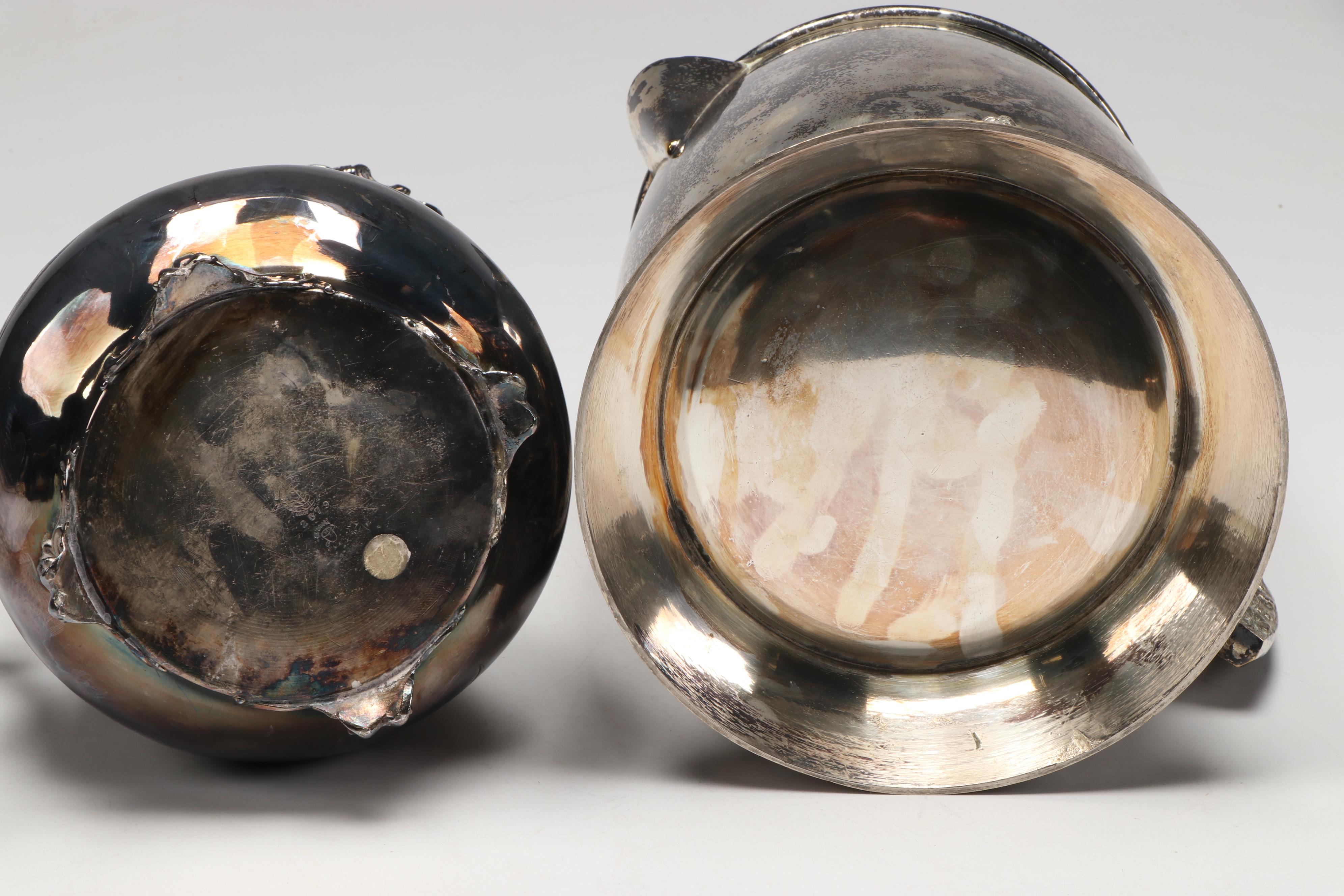 E. & J.B. Dutch Nickel Tray with Silver Plate Homan Pitcher and Other Tableware