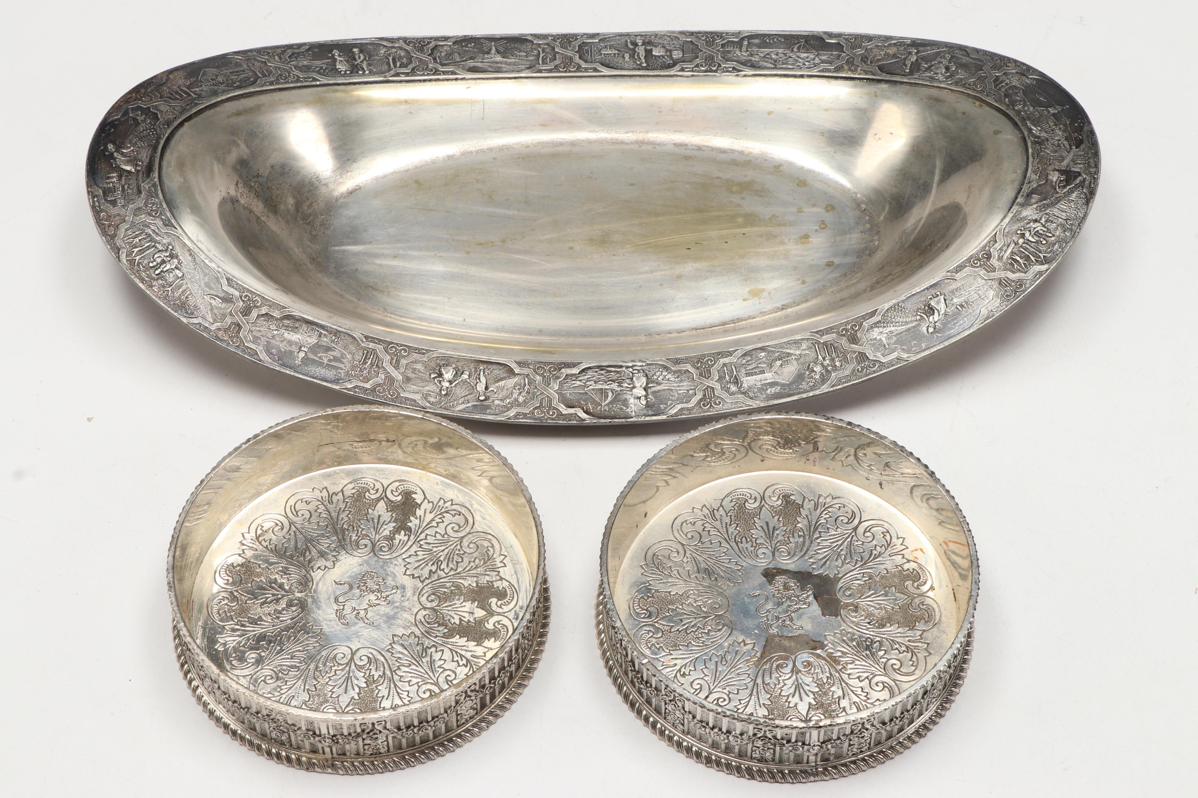 E. & J.B. Dutch Nickel Tray with Silver Plate Homan Pitcher and Other Tableware