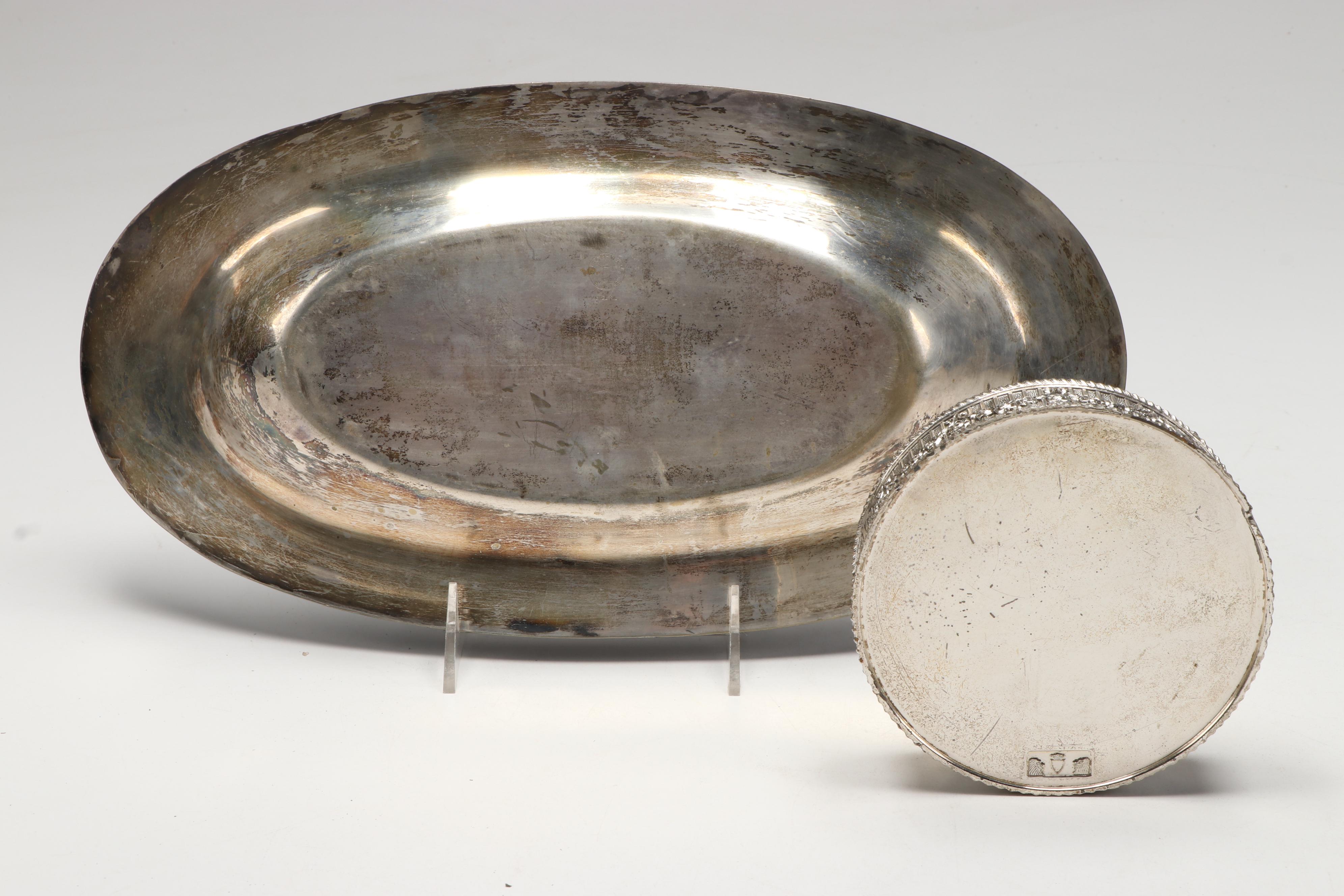 E. & J.B. Dutch Nickel Tray with Silver Plate Homan Pitcher and Other Tableware