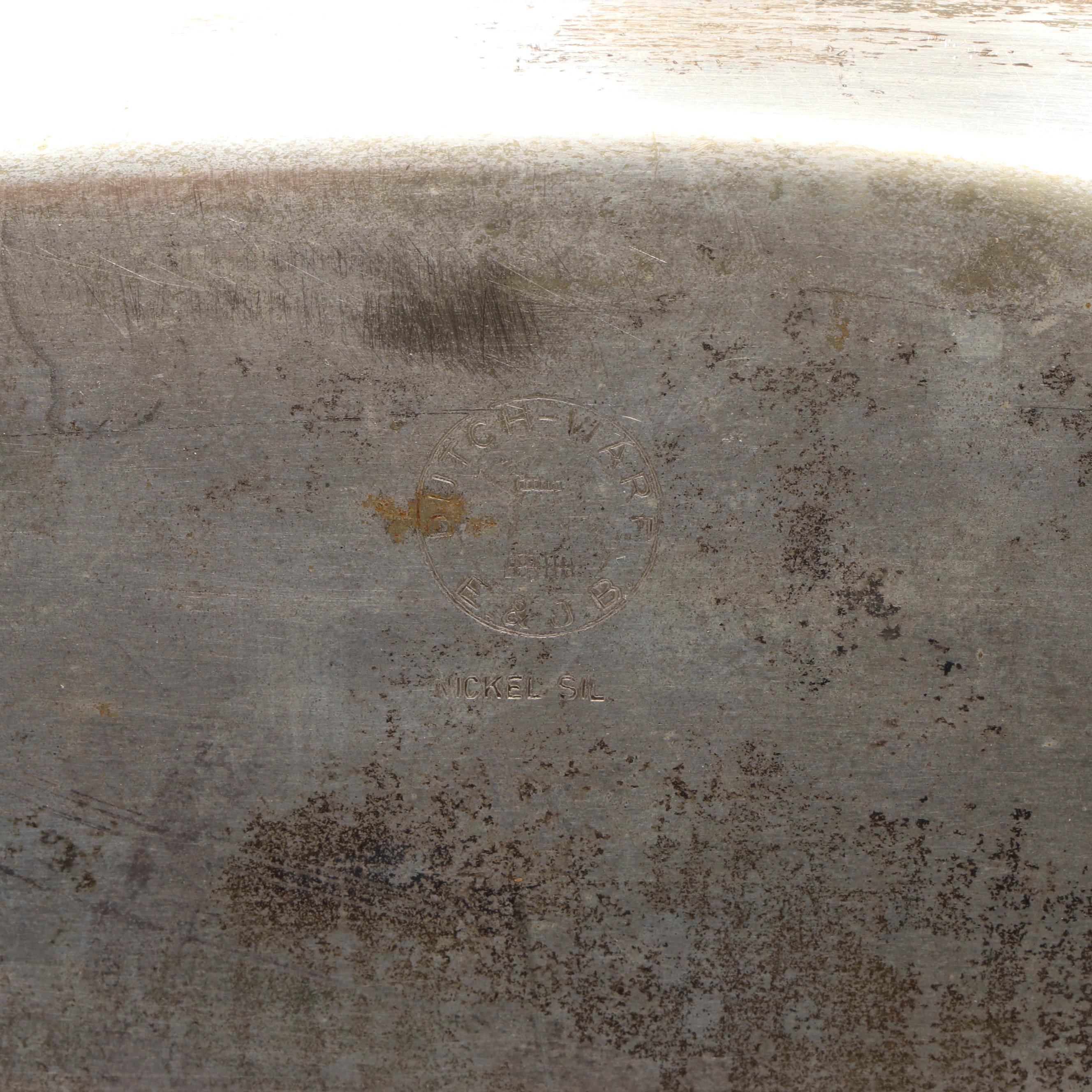 E. & J.B. Dutch Nickel Tray with Silver Plate Homan Pitcher and Other Tableware