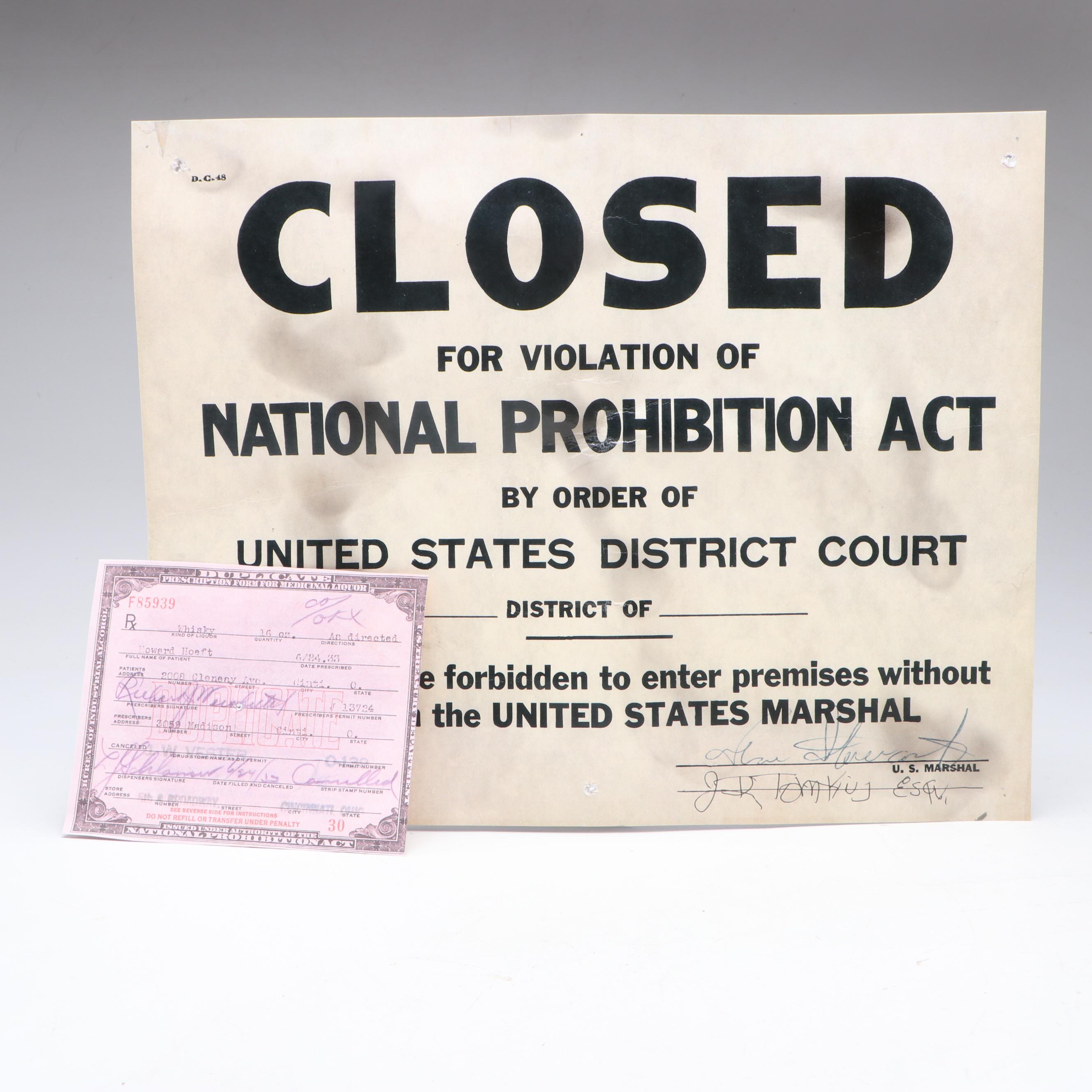 Prohibition Style Whisky Prescription Form with Reproduction Sign