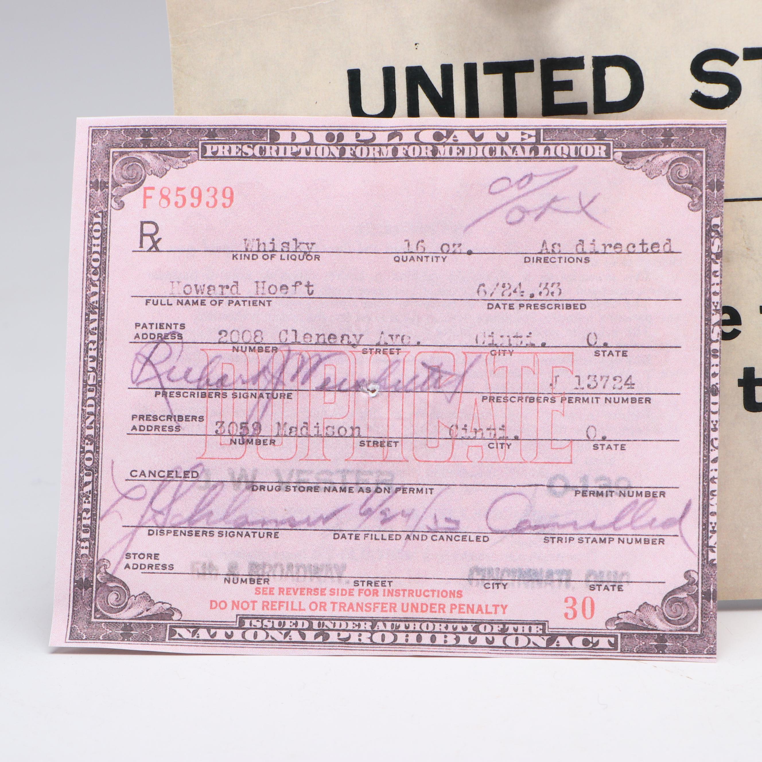 Prohibition Style Whisky Prescription Form with Reproduction Sign