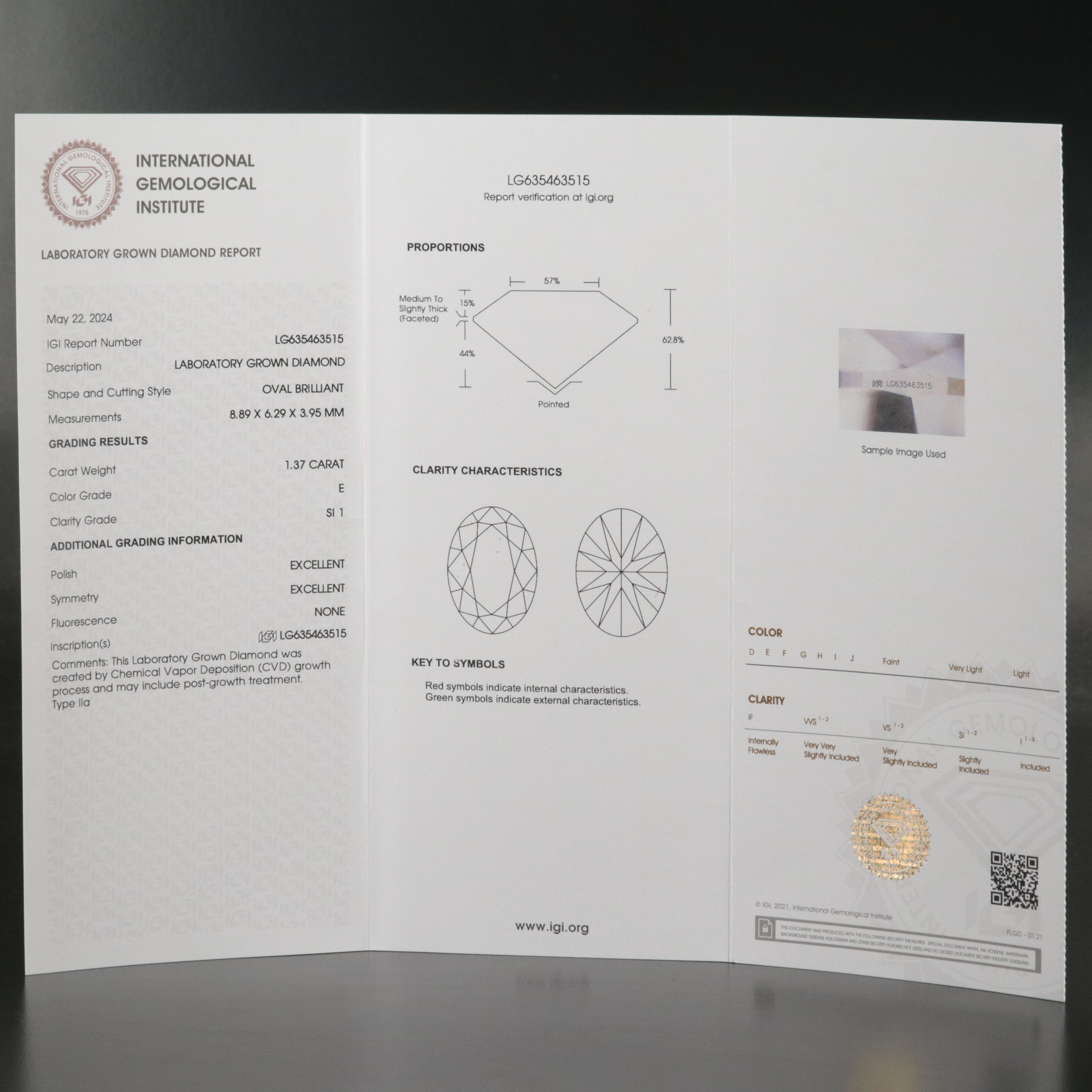 Loose 1.37 CT Lab Grown Diamond with IGI Report