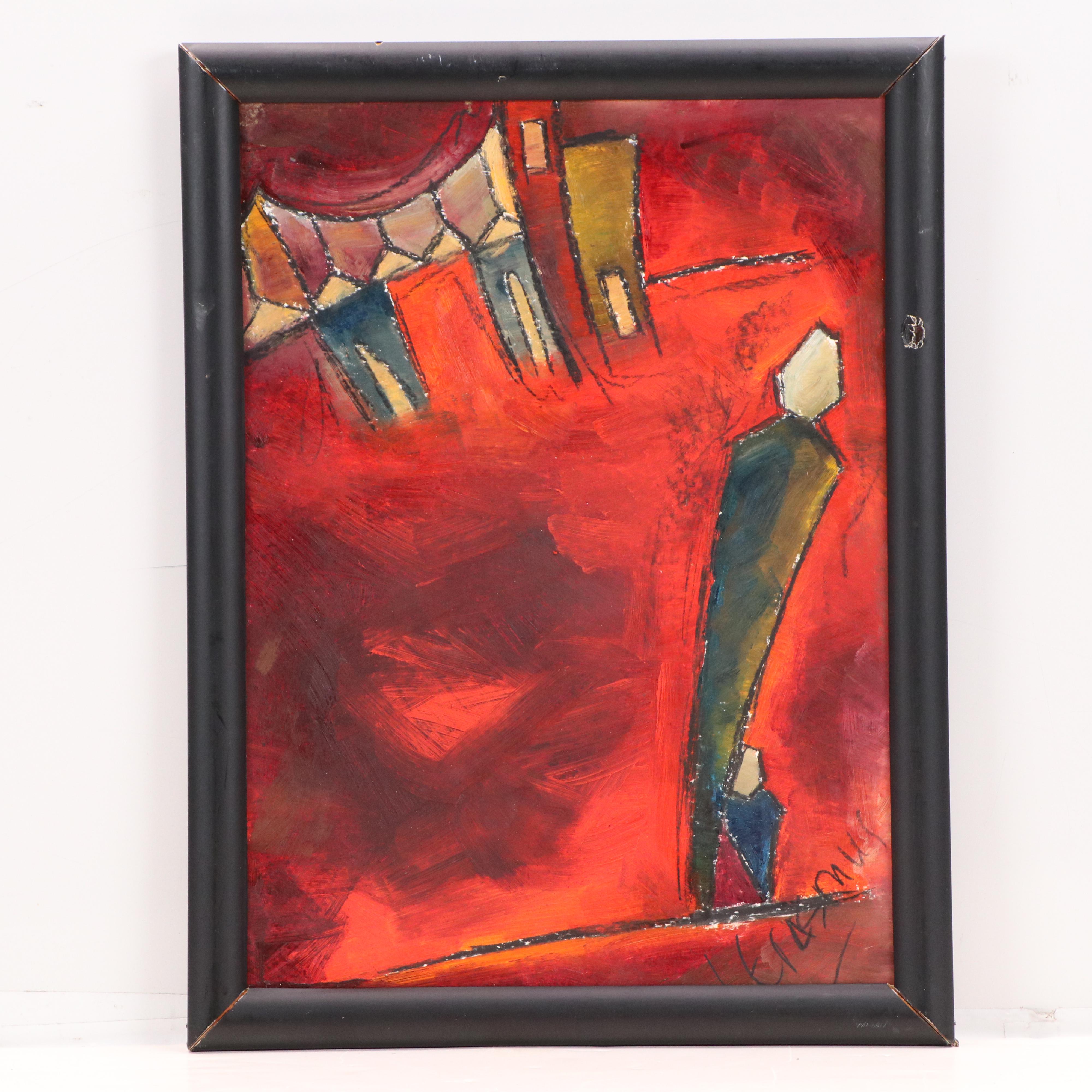 Erasmus Mixed Media Paintings of Figure Near Bridge, Circa 2010