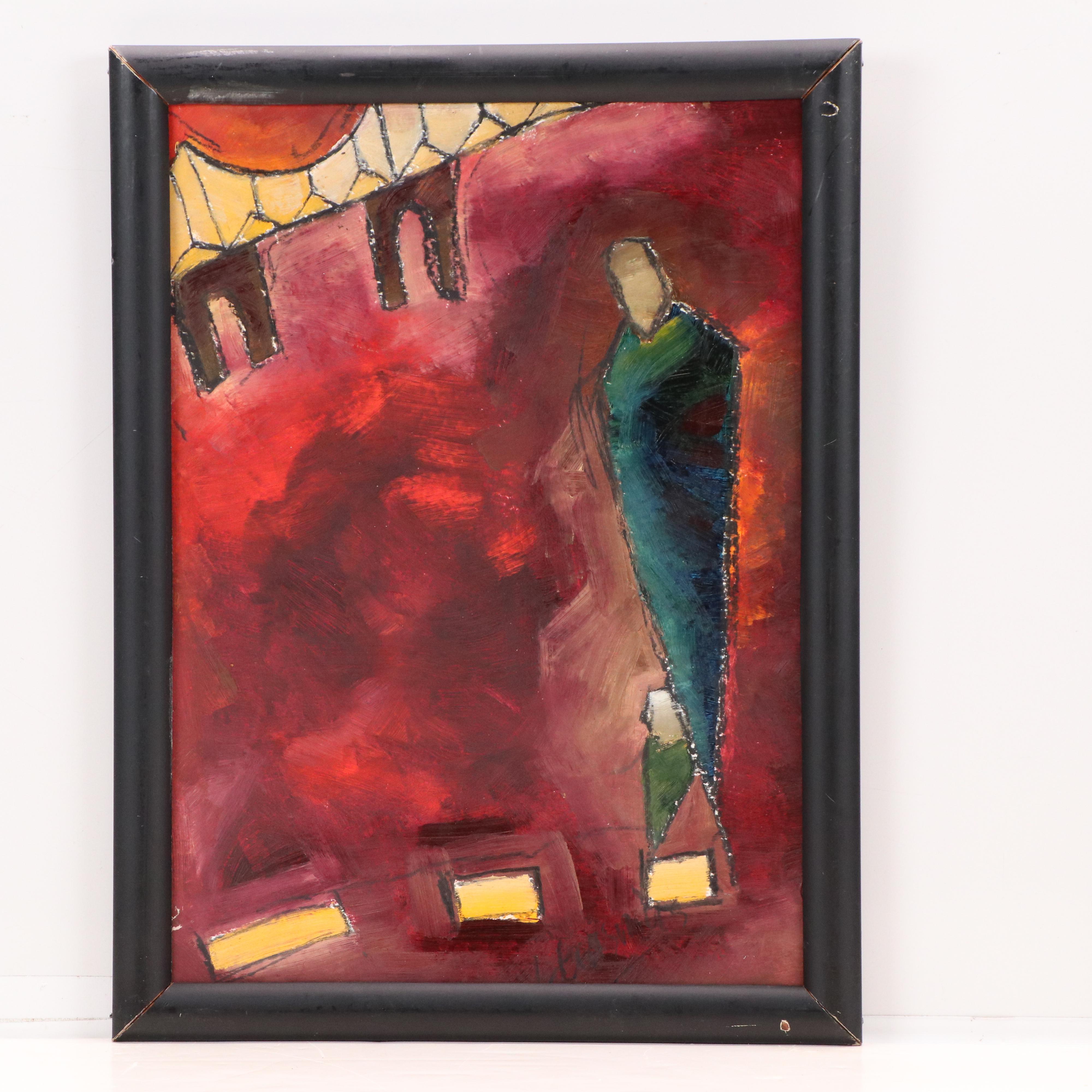 Erasmus Mixed Media Paintings of Figure Near Bridge, Circa 2010