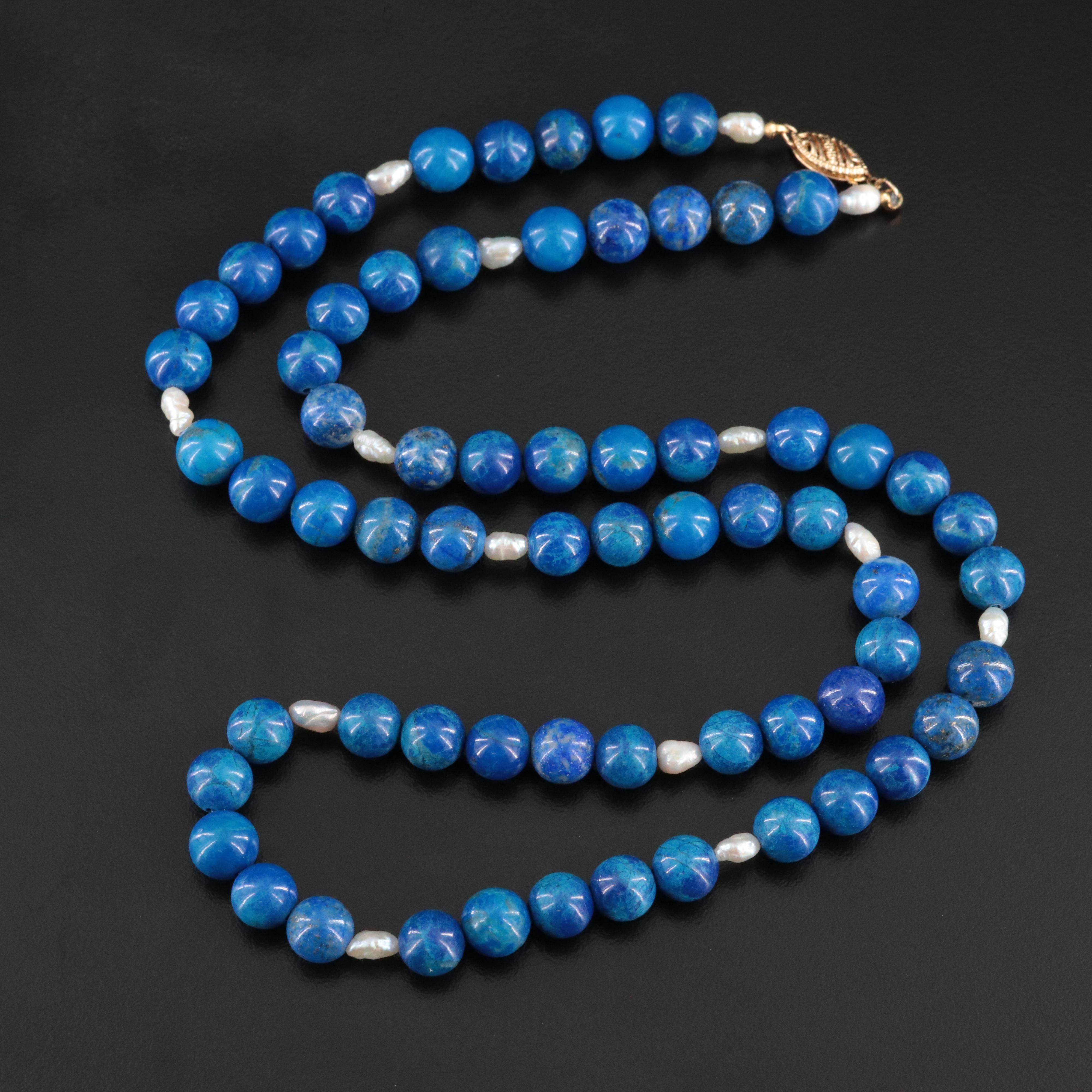 Lapis Lazuli and Pearl Necklace with 14K Clasp
