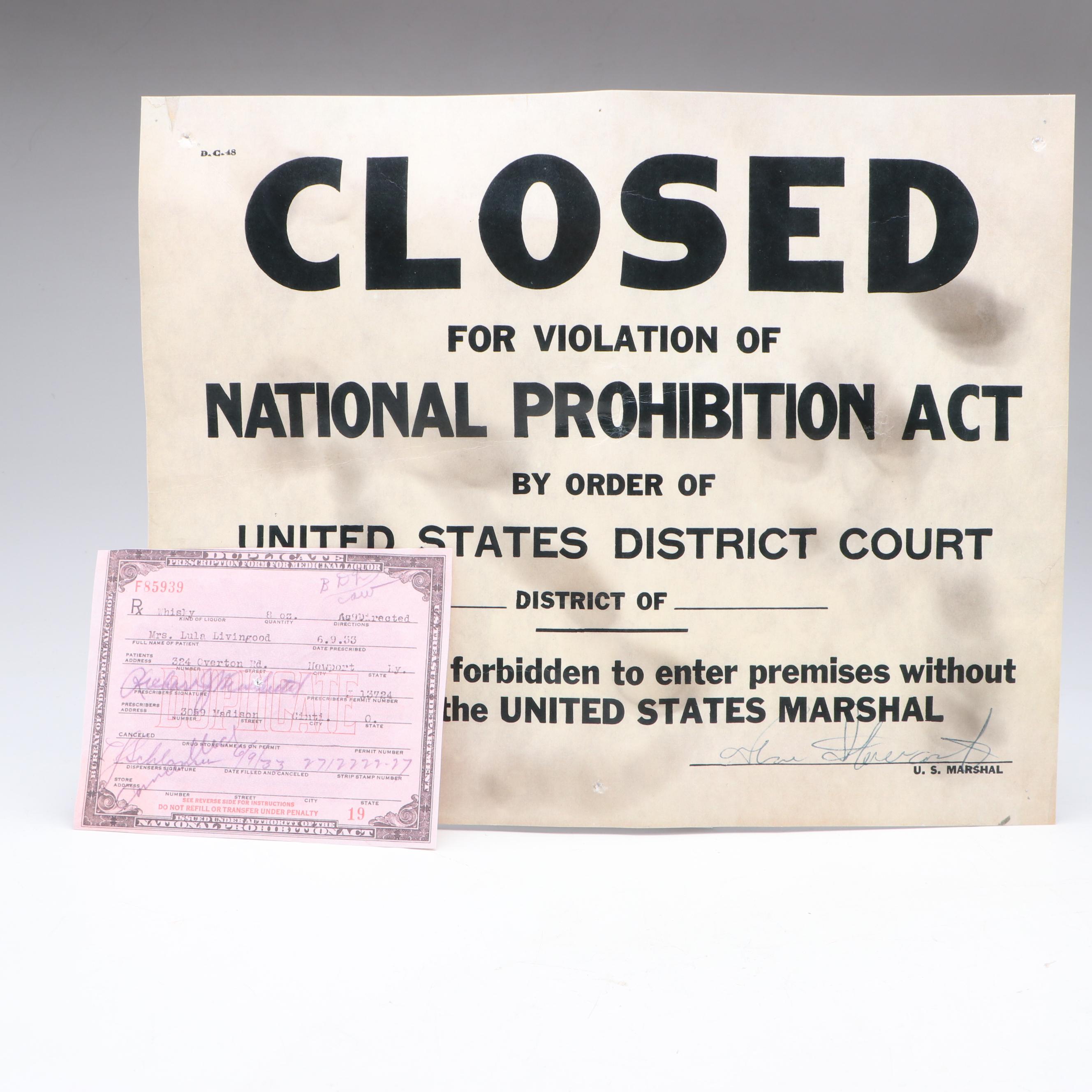Prohibition Style Whisky Prescription Form with Reproduction Sign