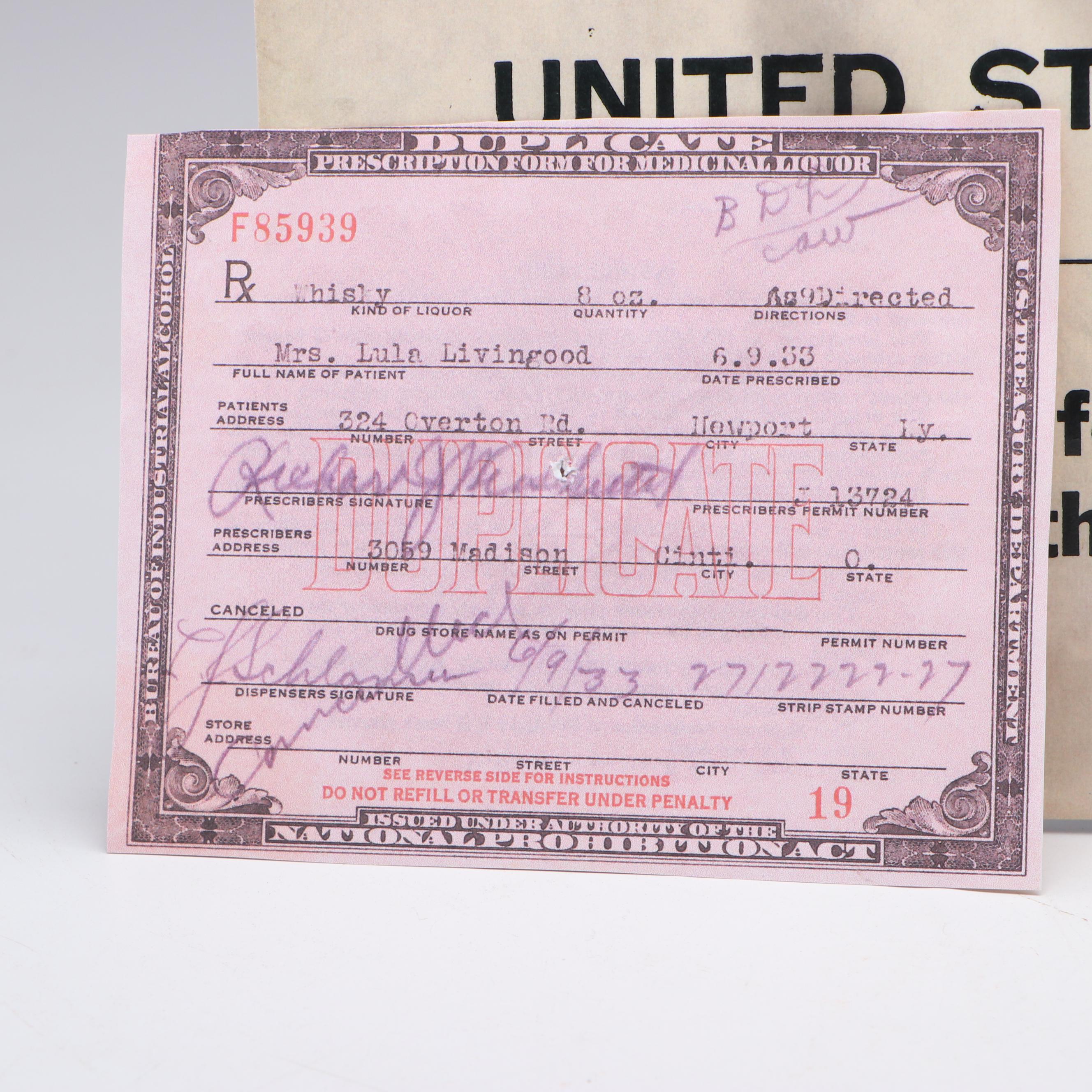 Prohibition Style Whisky Prescription Form with Reproduction Sign