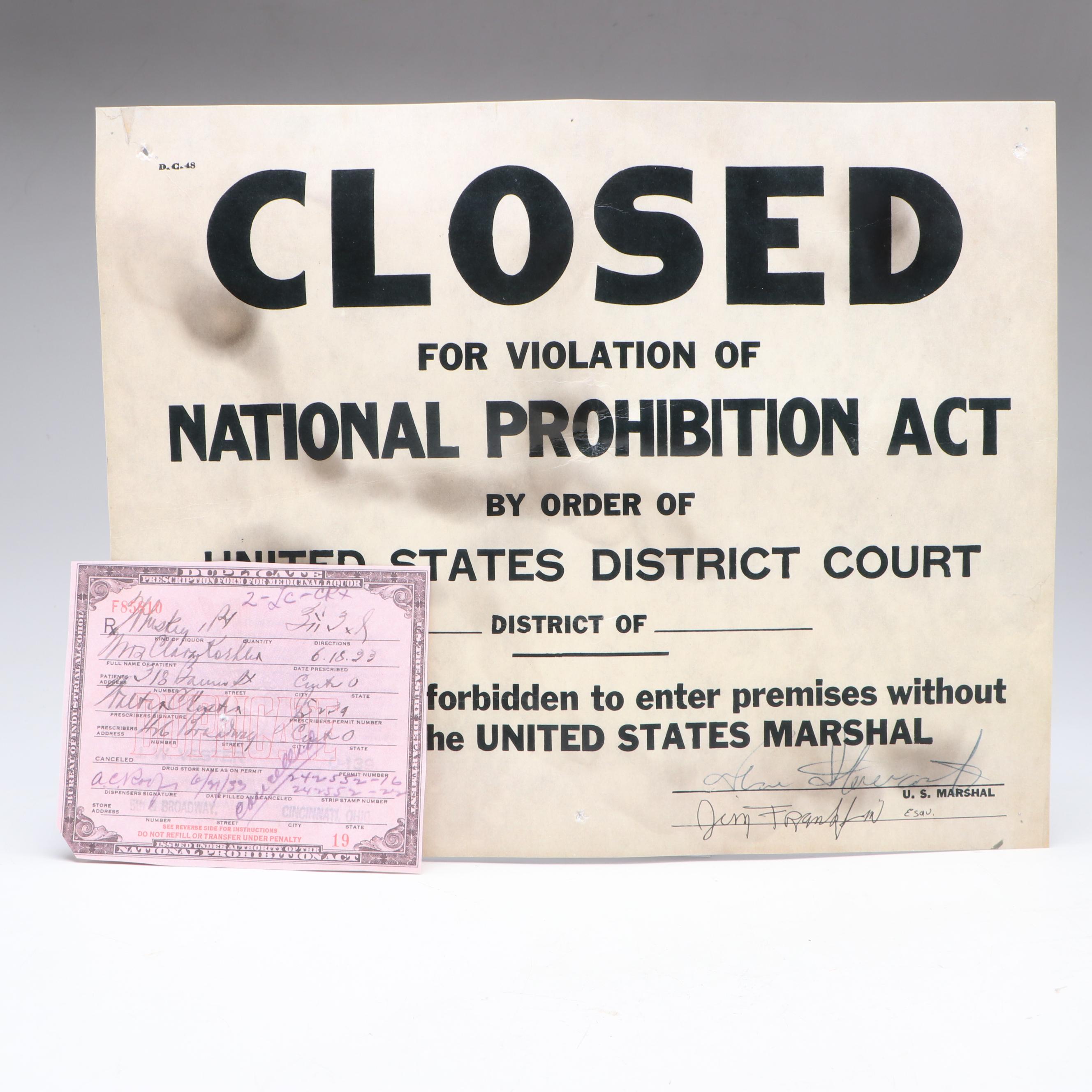 Prohibition Style Whisky Prescription Form with Reproduction Sign