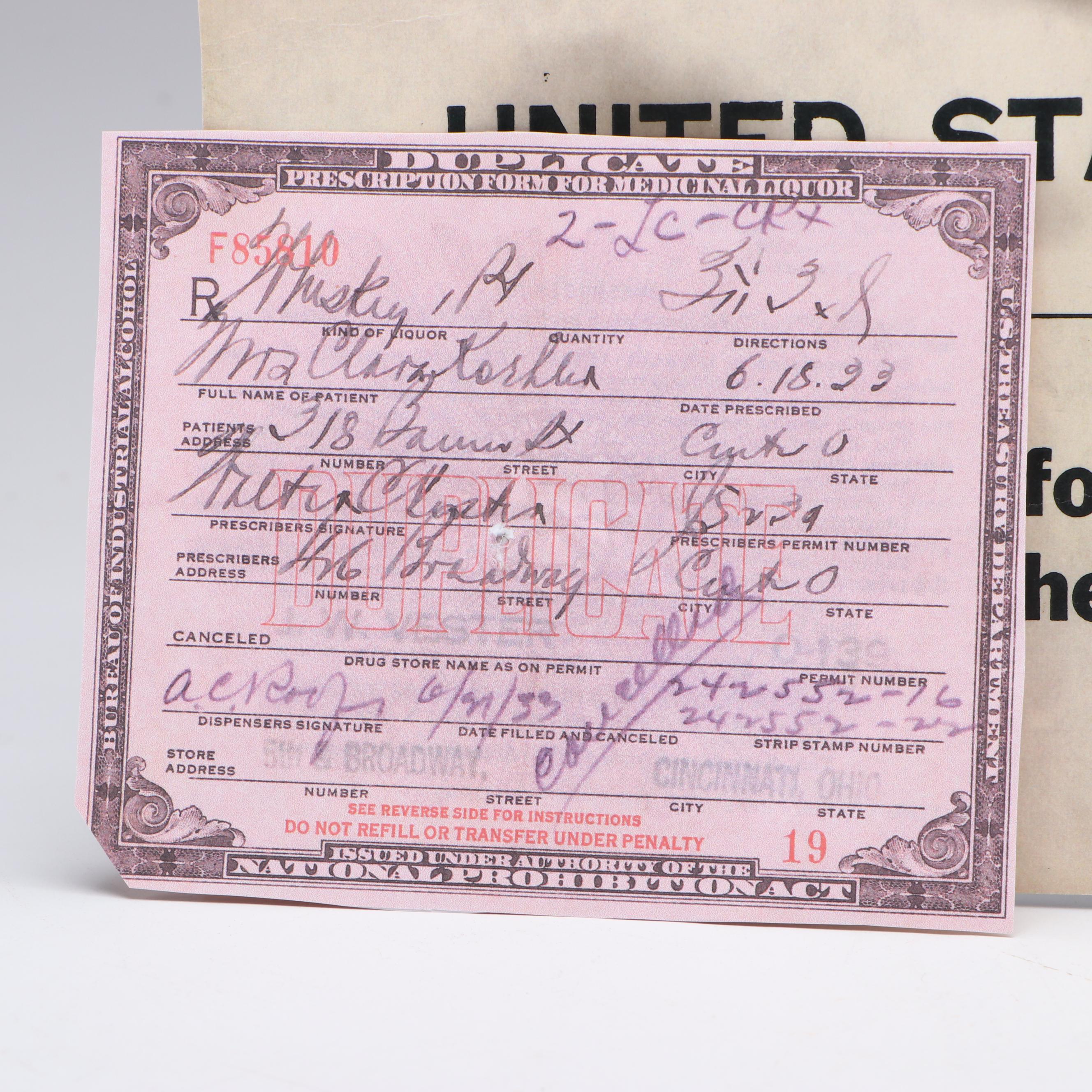 Prohibition Style Whisky Prescription Form with Reproduction Sign | EBTH