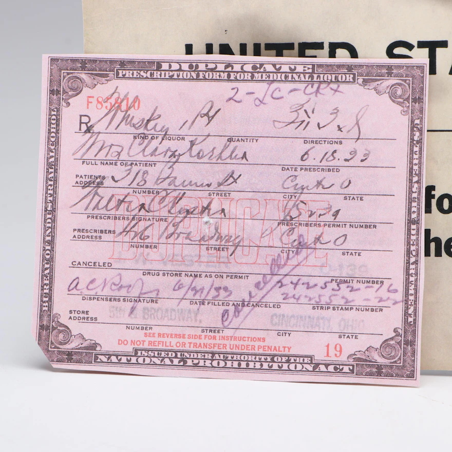 Prohibition Style Whisky Prescription Form with Reproduction Sign | EBTH