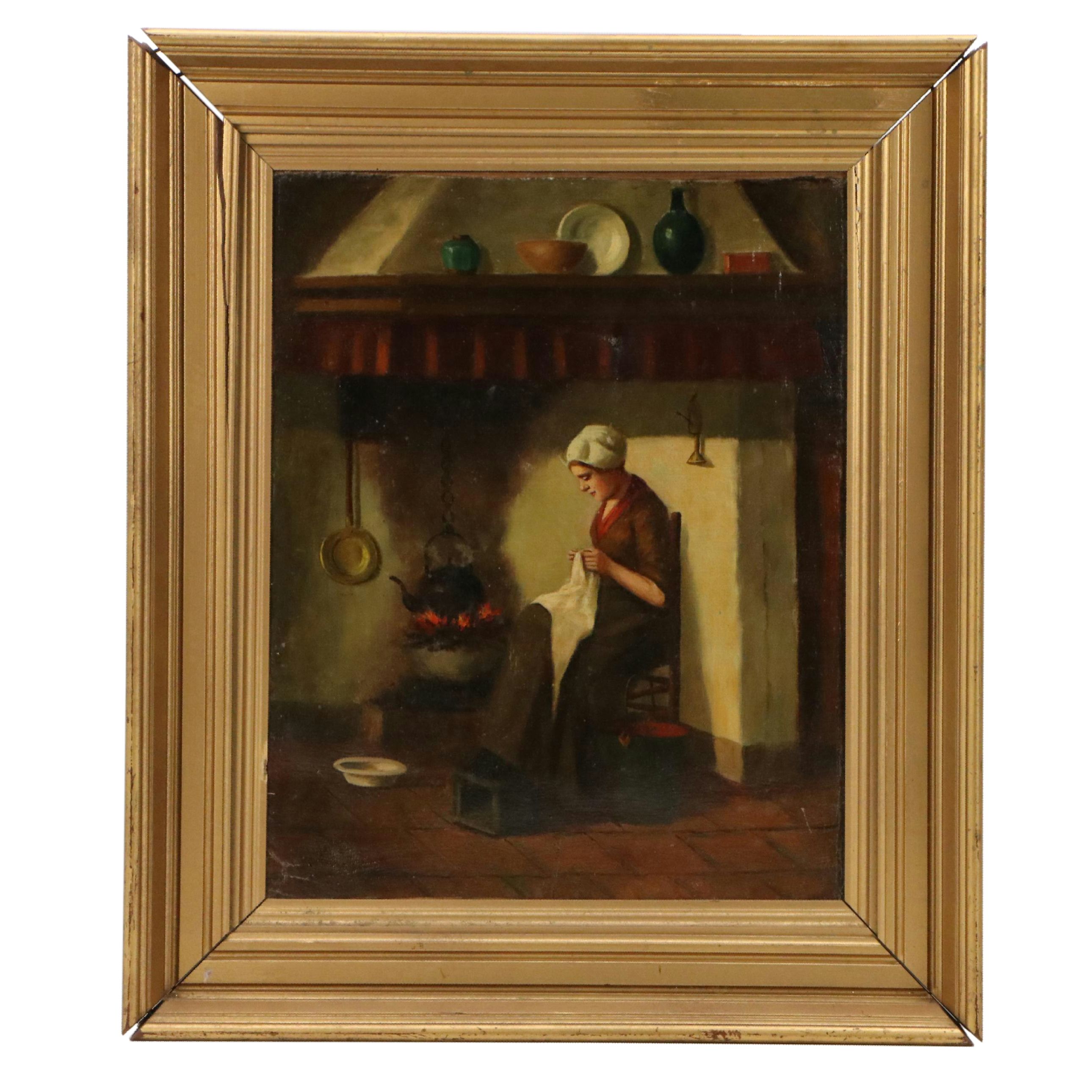 Dutch Kitchen Interior Oil Painting of Woman Stitching, Circa 1885