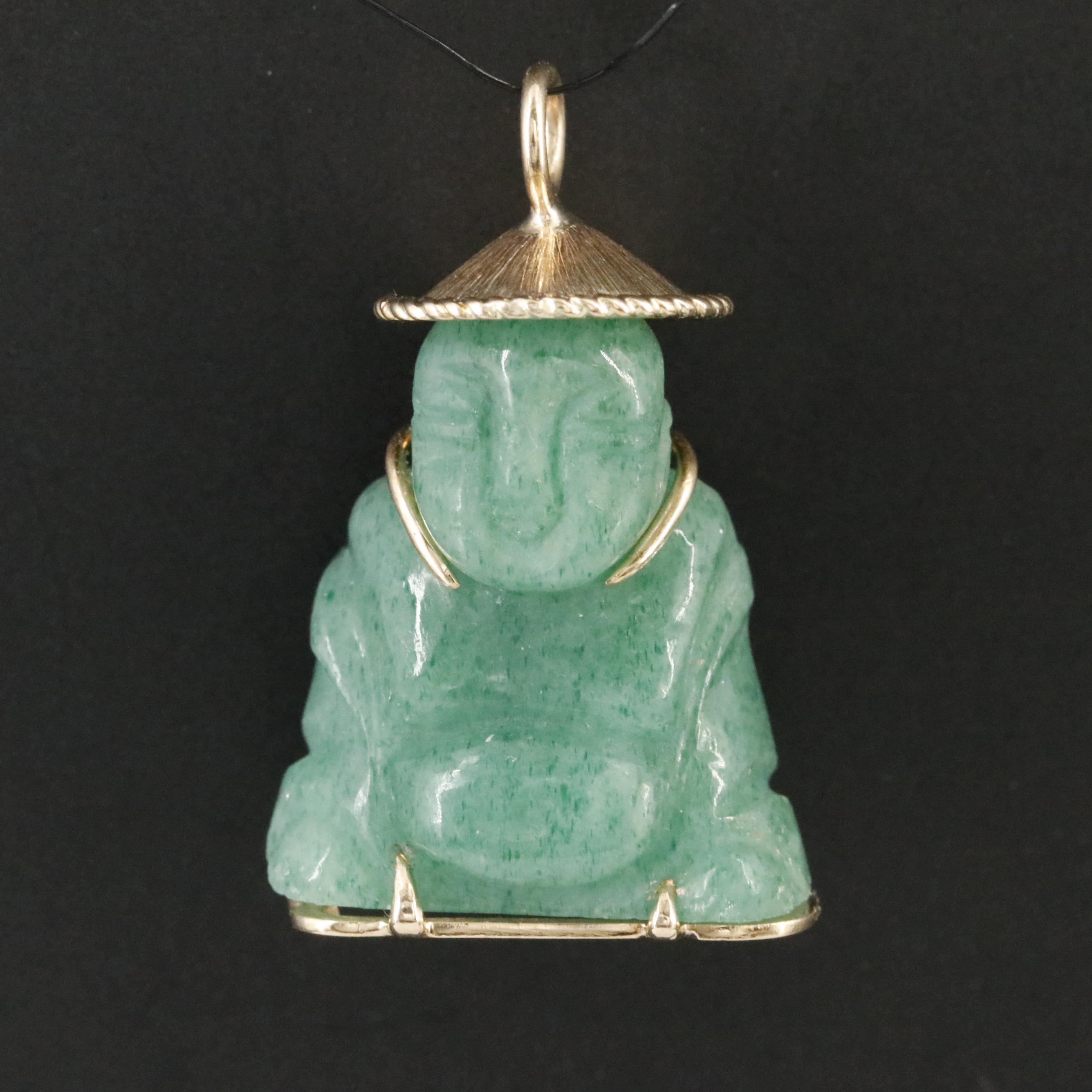 14K Carved Aventurine Buddhist Monk Pendant