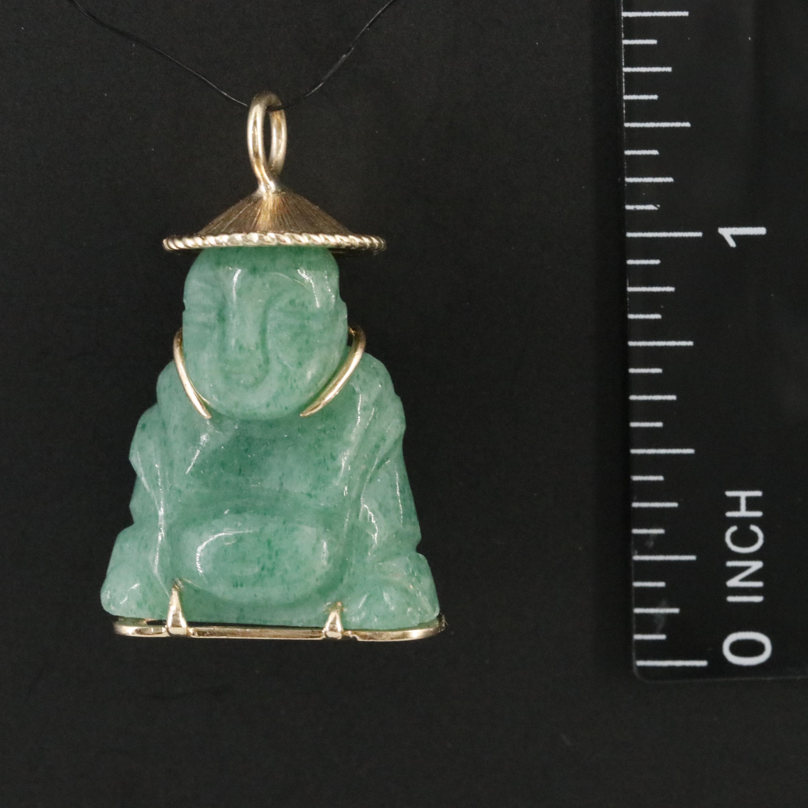 14K Carved Aventurine Buddhist Monk Pendant