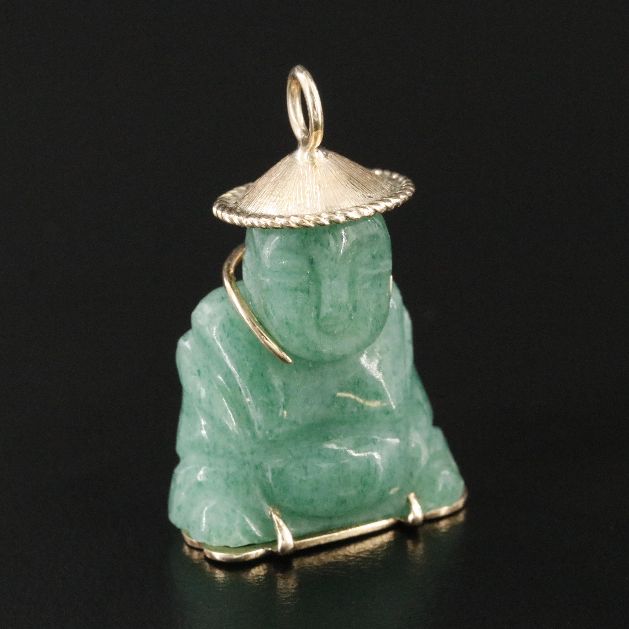 14K Carved Aventurine Buddhist Monk Pendant
