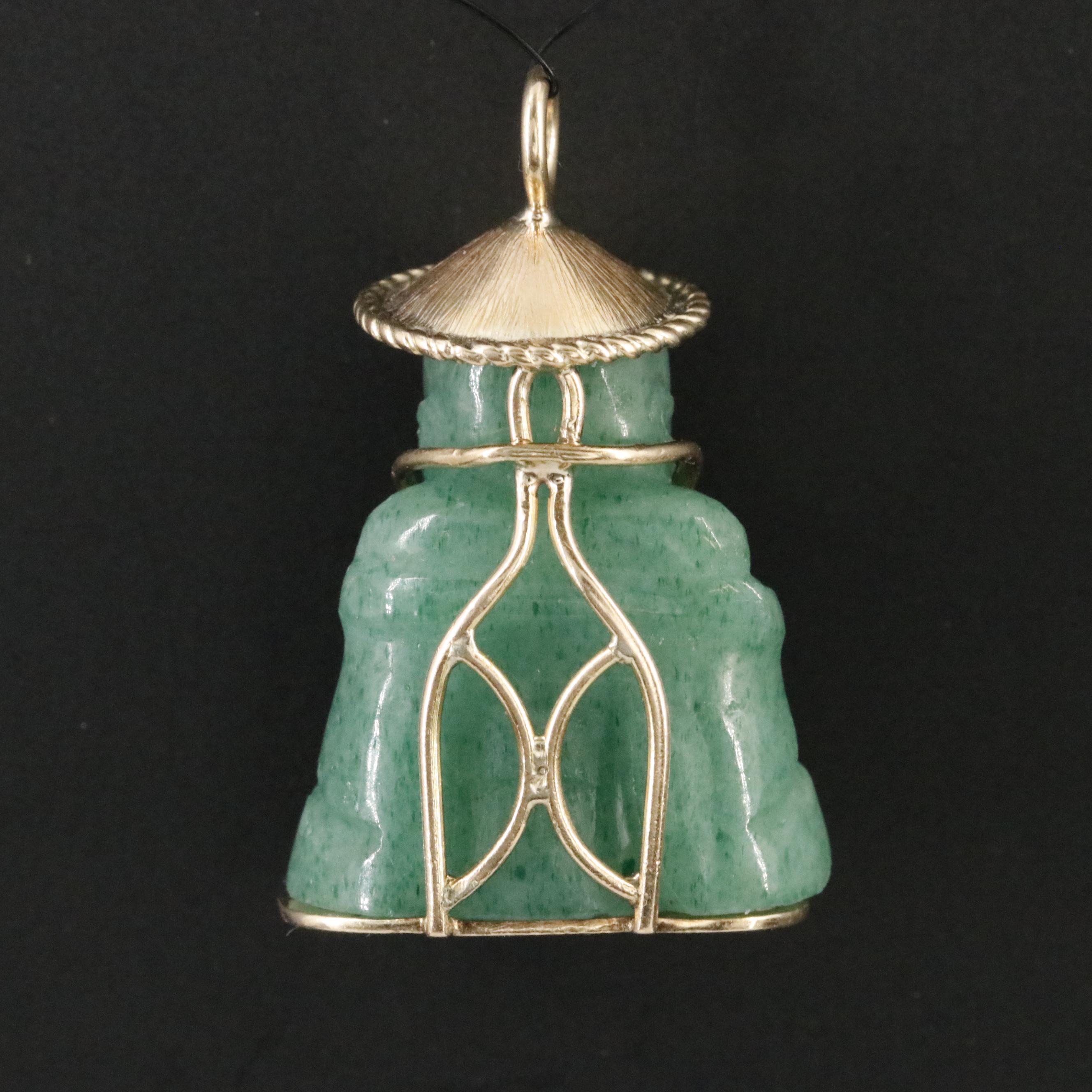 14K Carved Aventurine Buddhist Monk Pendant