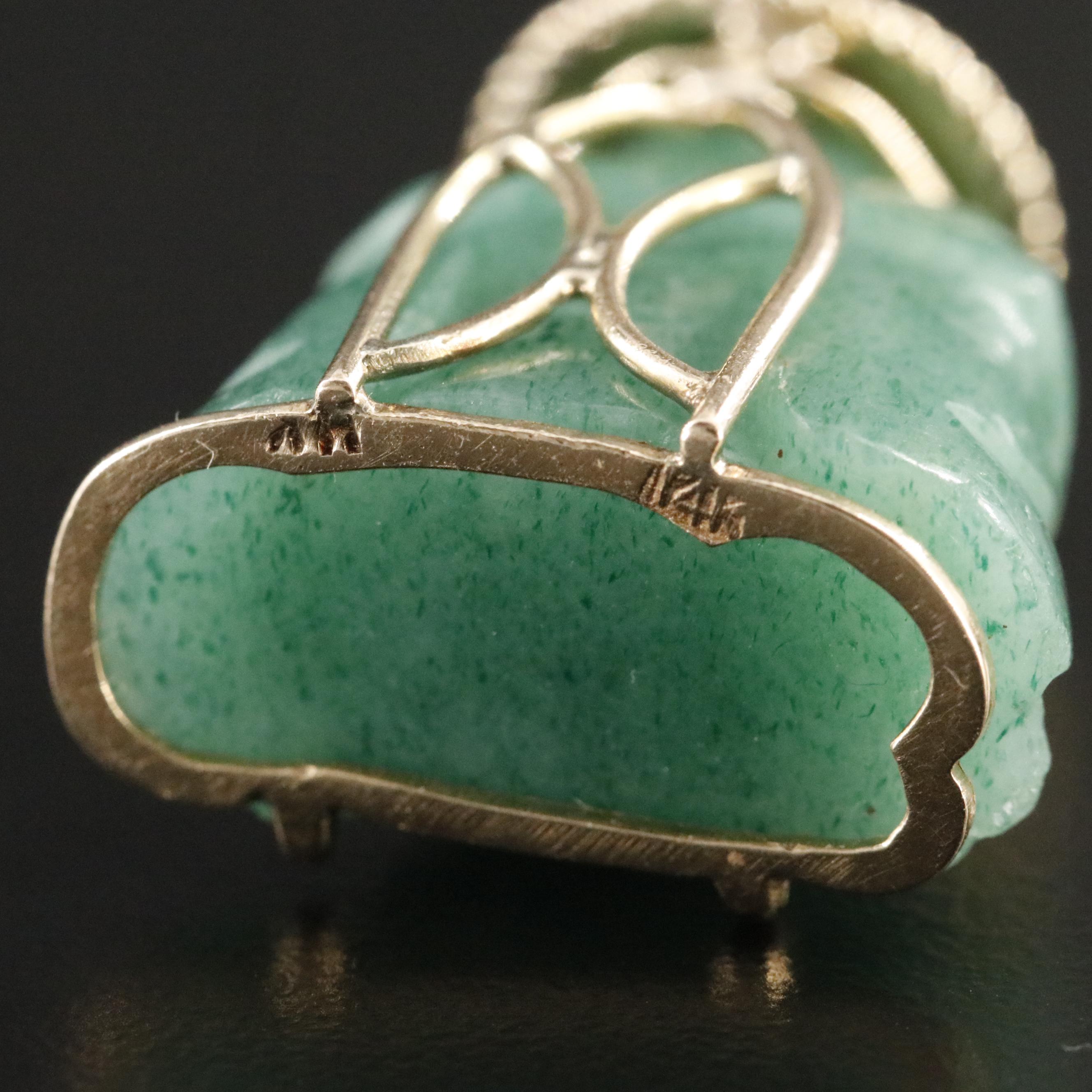 14K Carved Aventurine Buddhist Monk Pendant