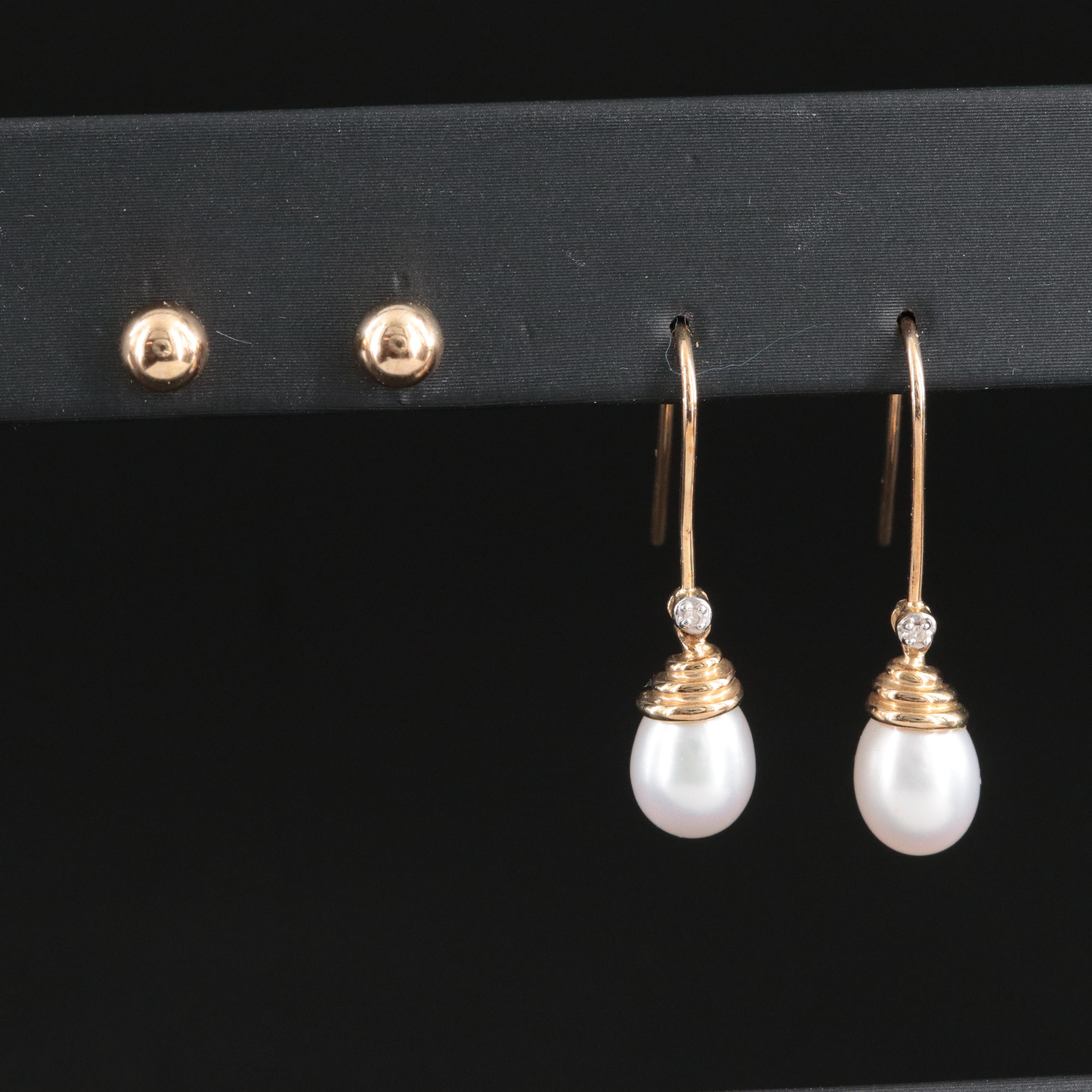10K Diamond and Pearl Drop and 14K Sphere Stud Earrings