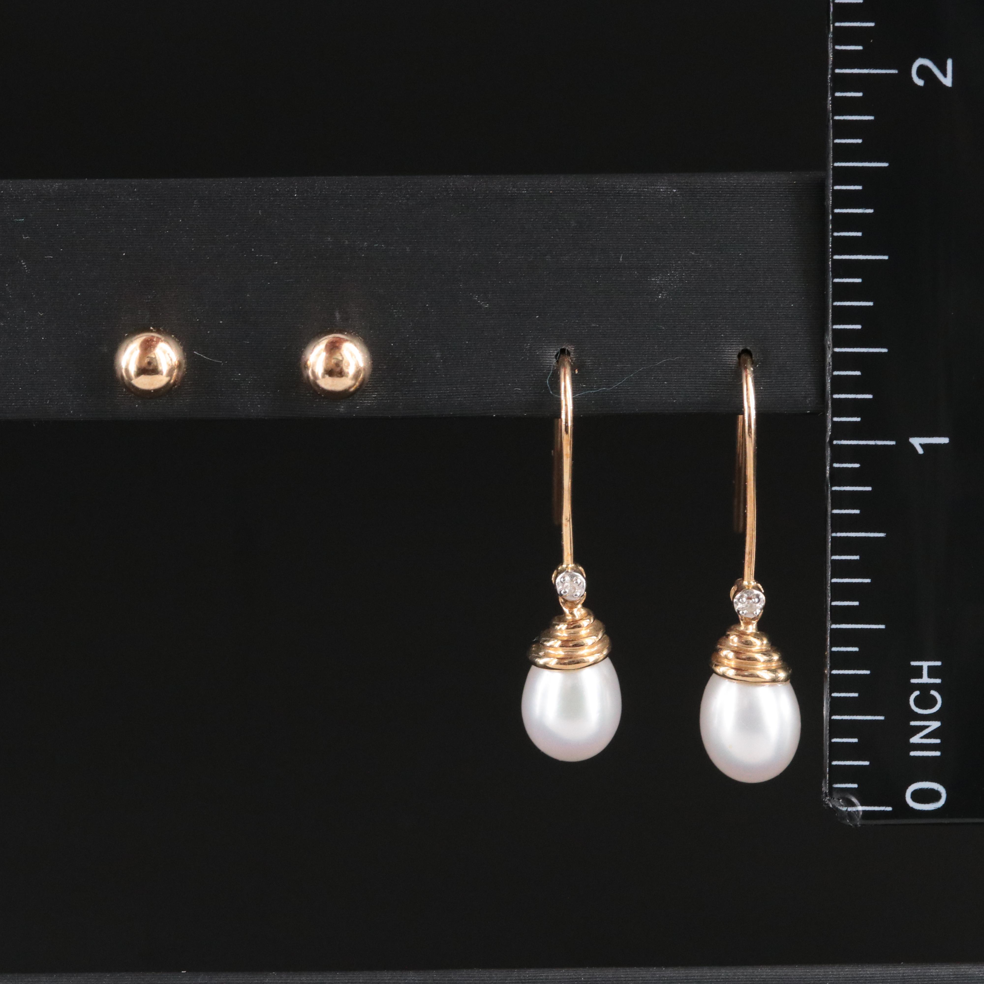 10K Diamond and Pearl Drop and 14K Sphere Stud Earrings