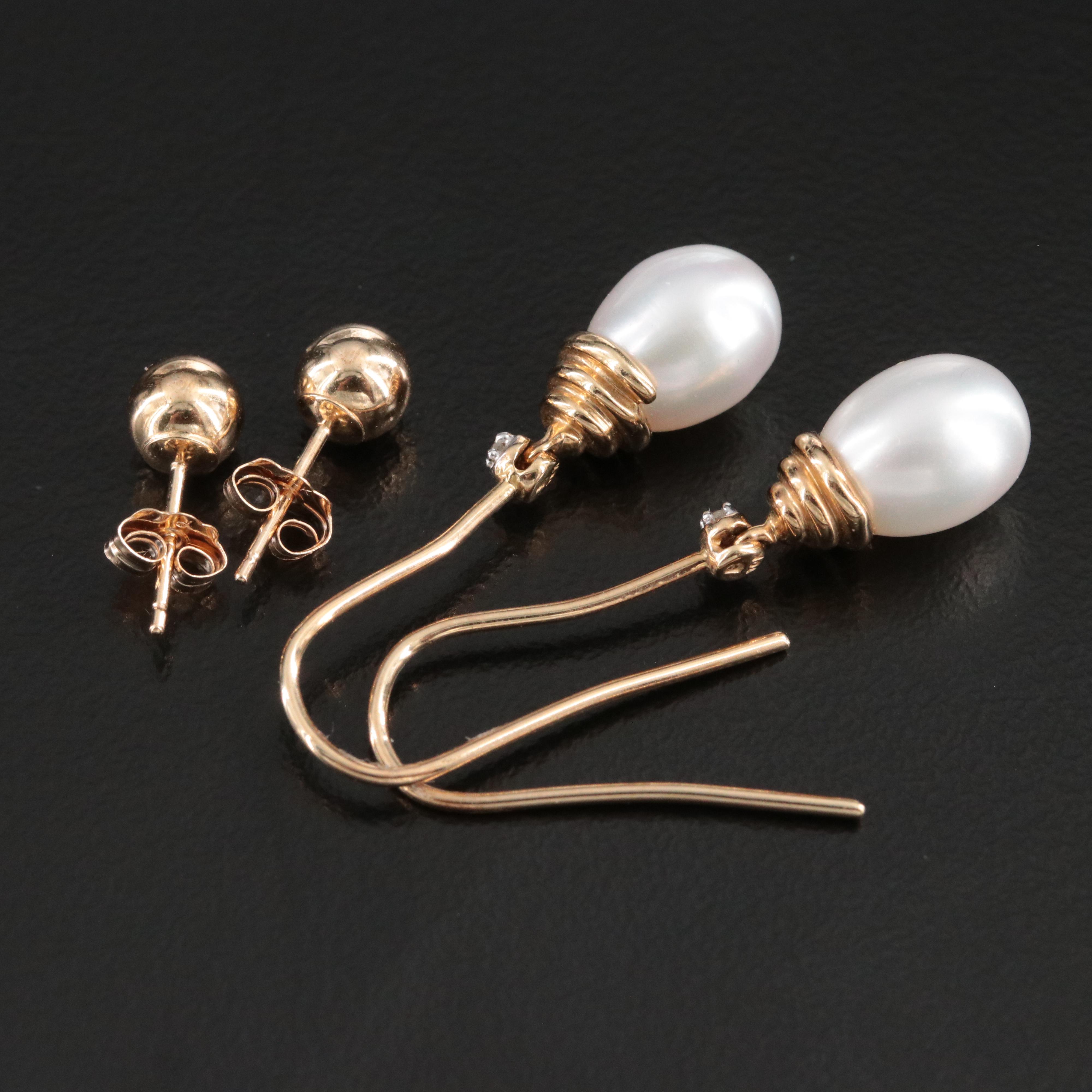 10K Diamond and Pearl Drop and 14K Sphere Stud Earrings