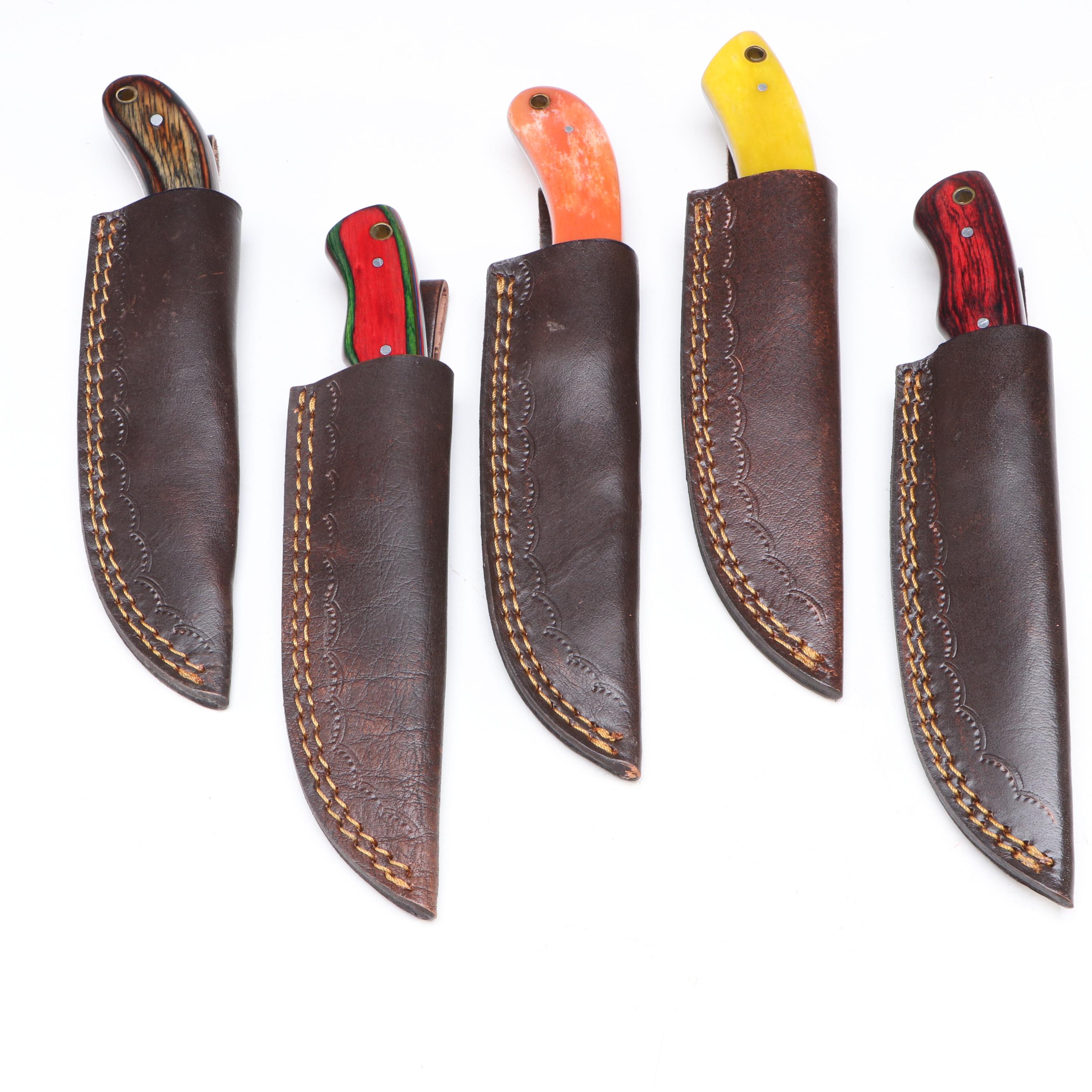 Damascus Steel Hunting Knives in Leather Scabbards