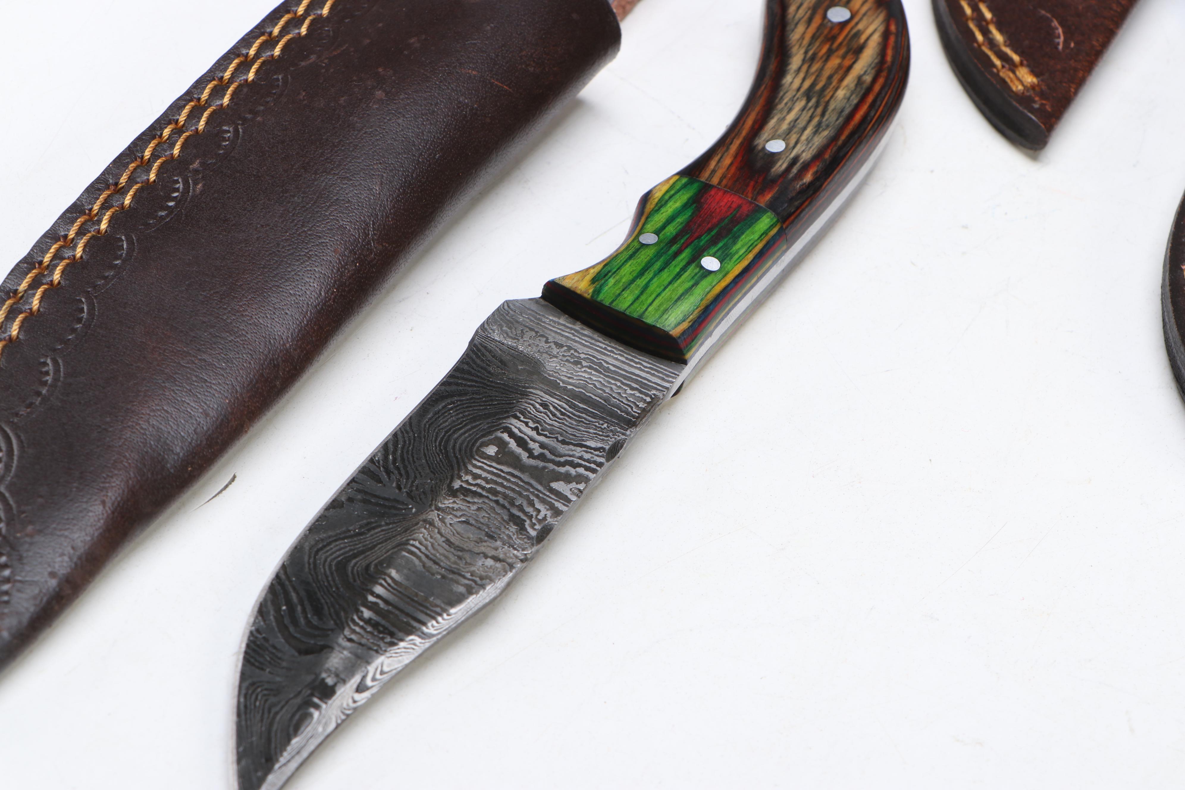 Damascus Steel Hunting Knives in Leather Scabbards