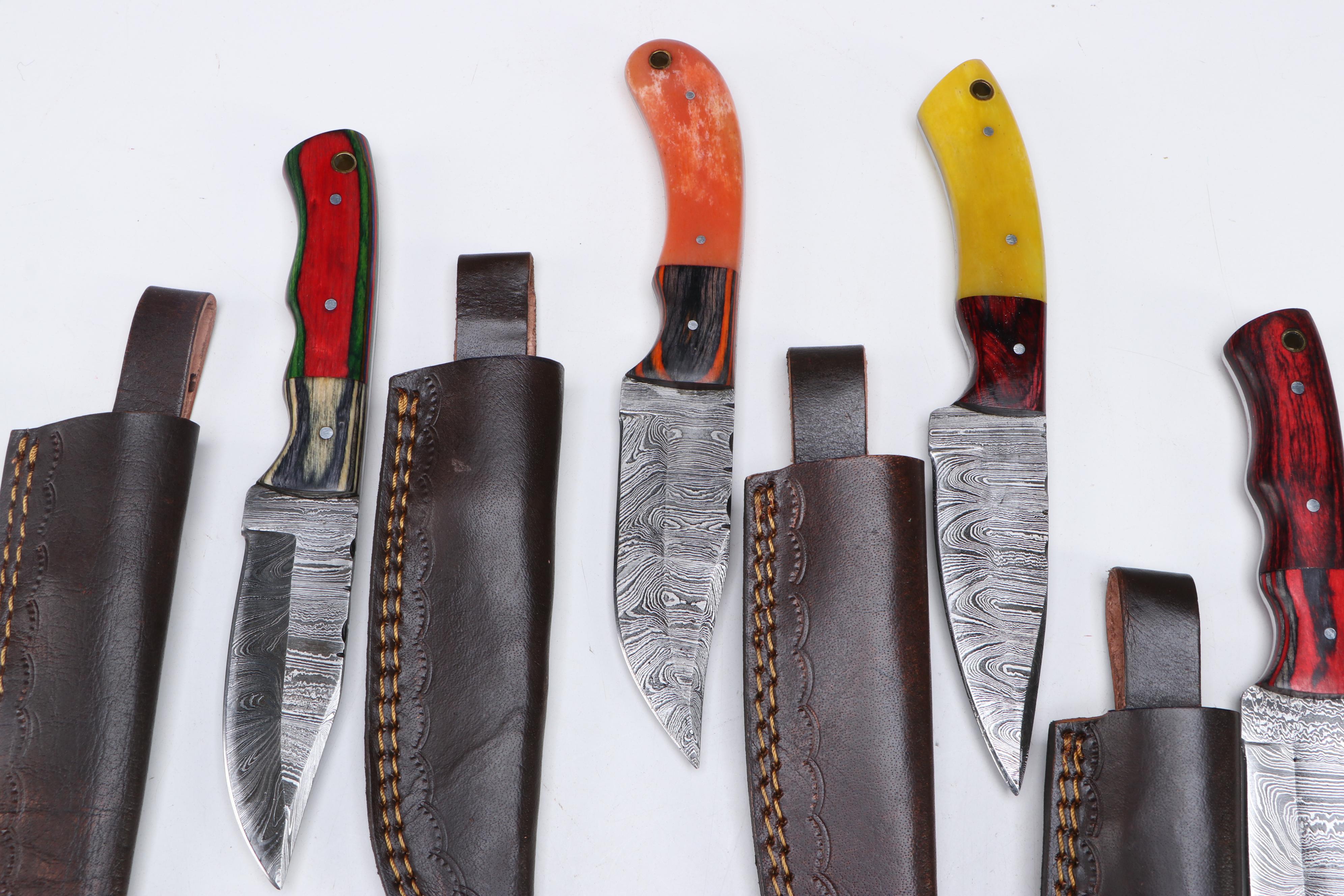Damascus Steel Hunting Knives in Leather Scabbards