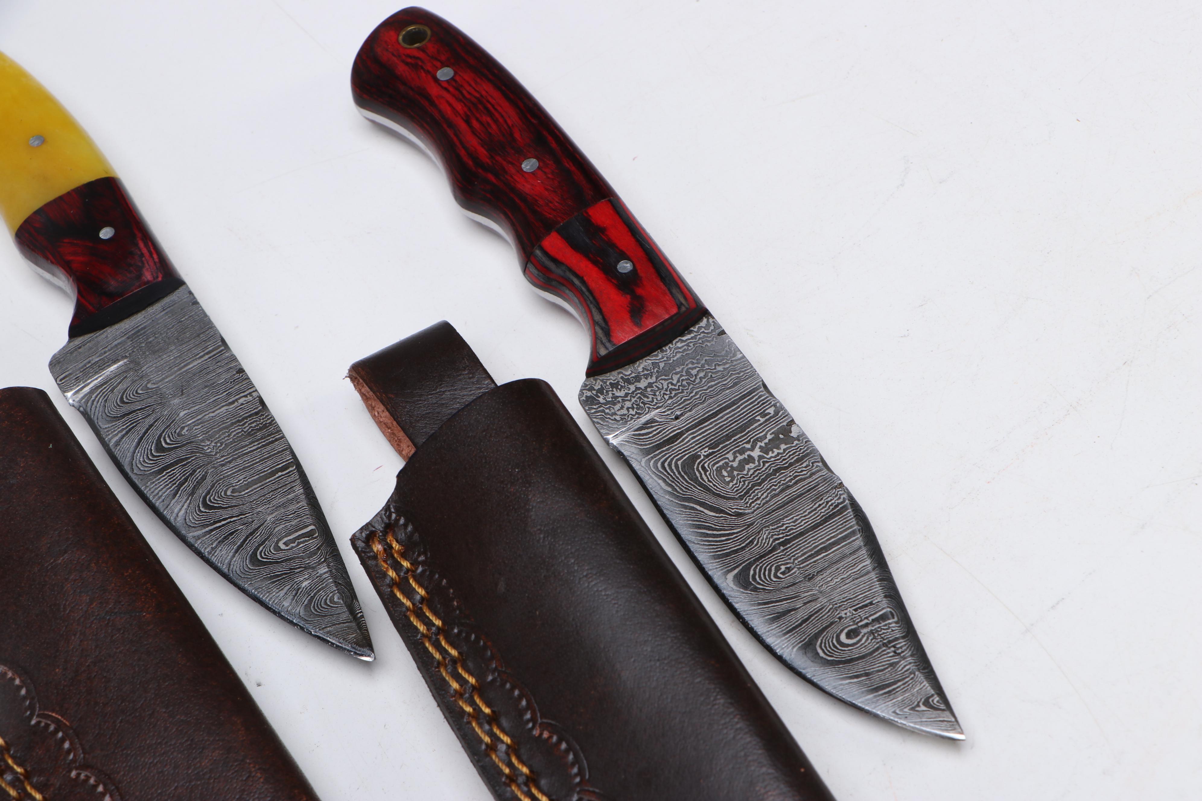 Damascus Steel Hunting Knives in Leather Scabbards