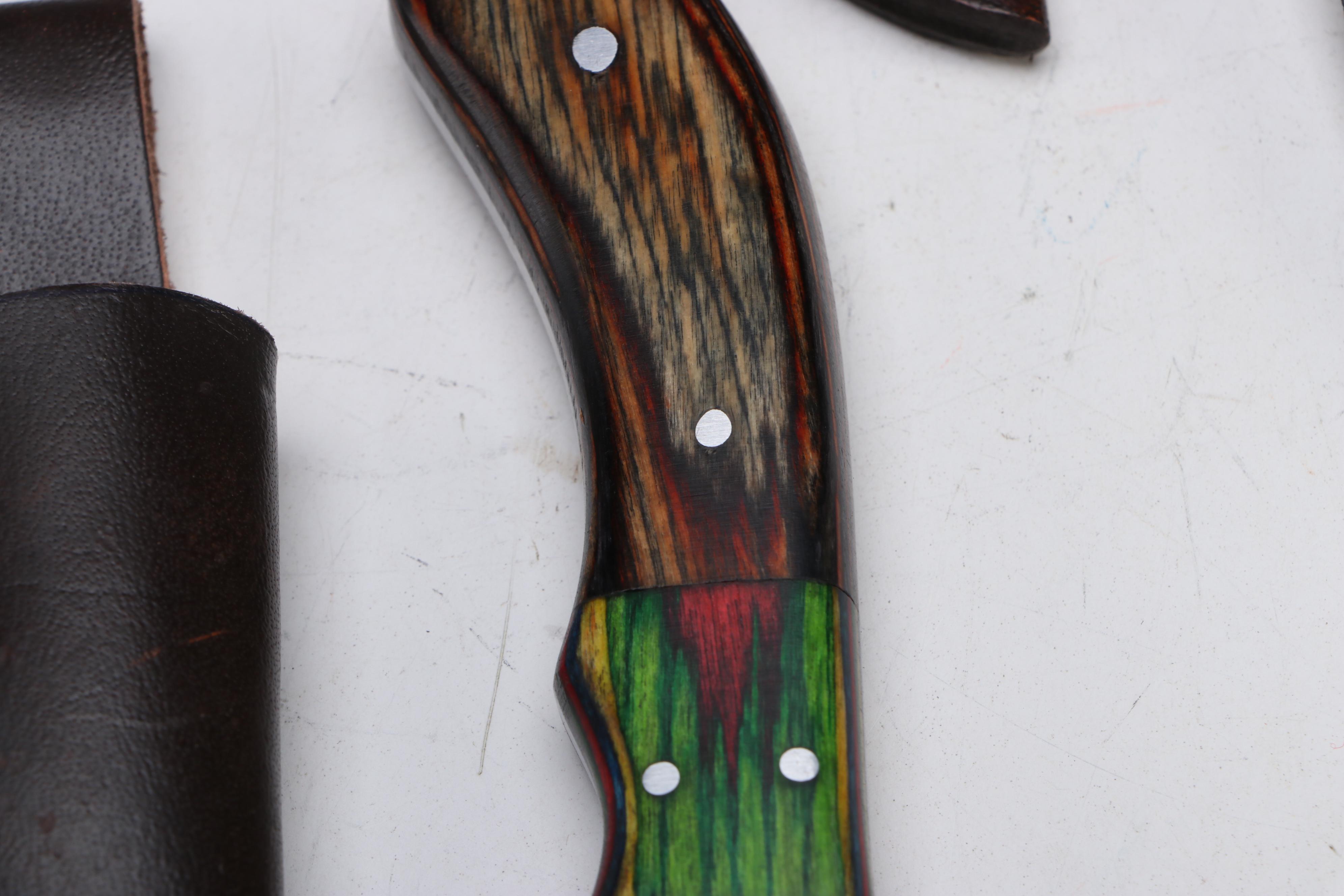 Damascus Steel Hunting Knives in Leather Scabbards