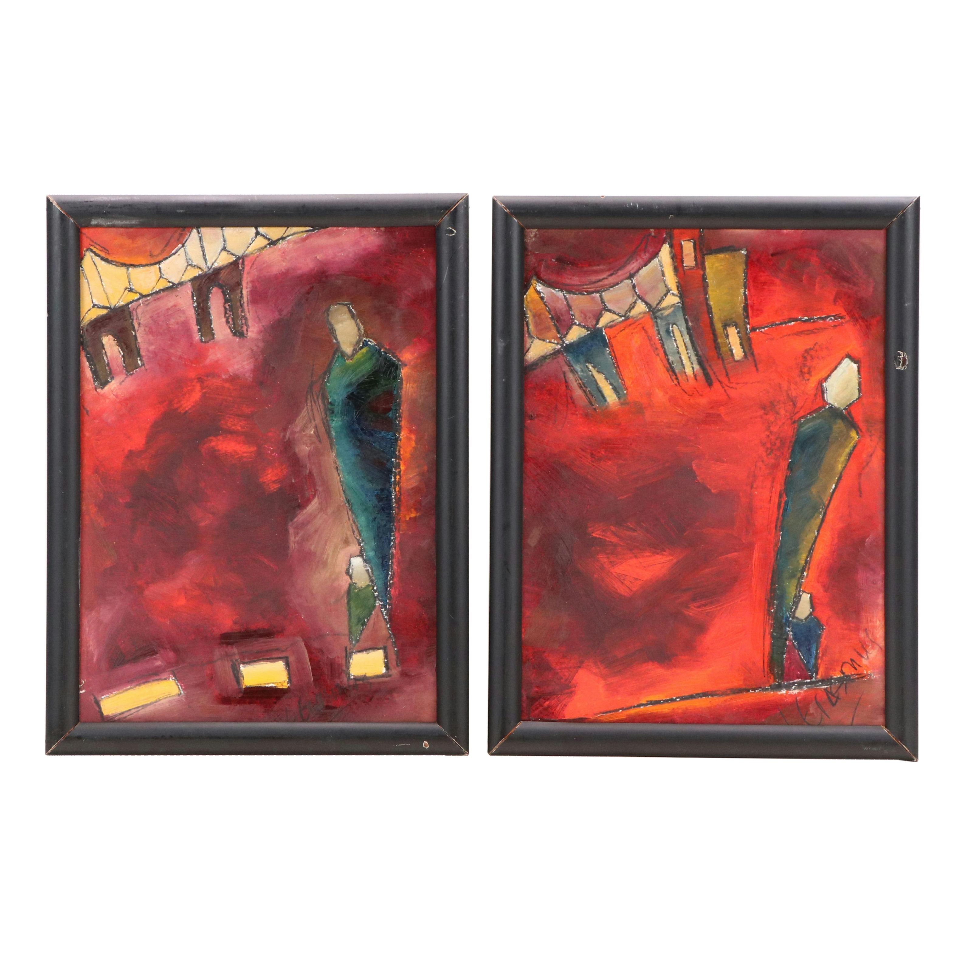 Erasmus Mixed Media Paintings of Figure Near Bridge, Circa 2010