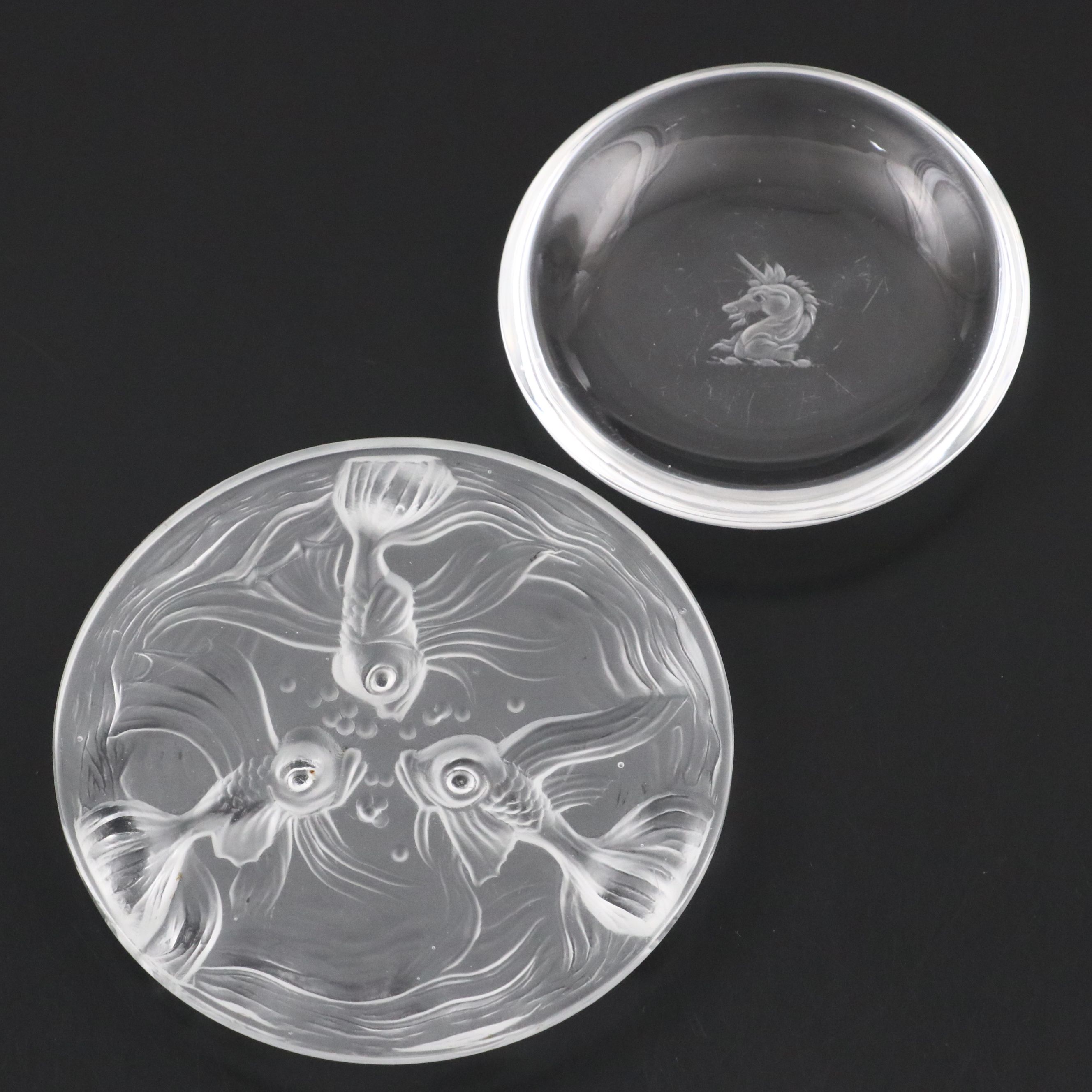 Art Glass Fish Plate with Crystal Unicorn Bowl
