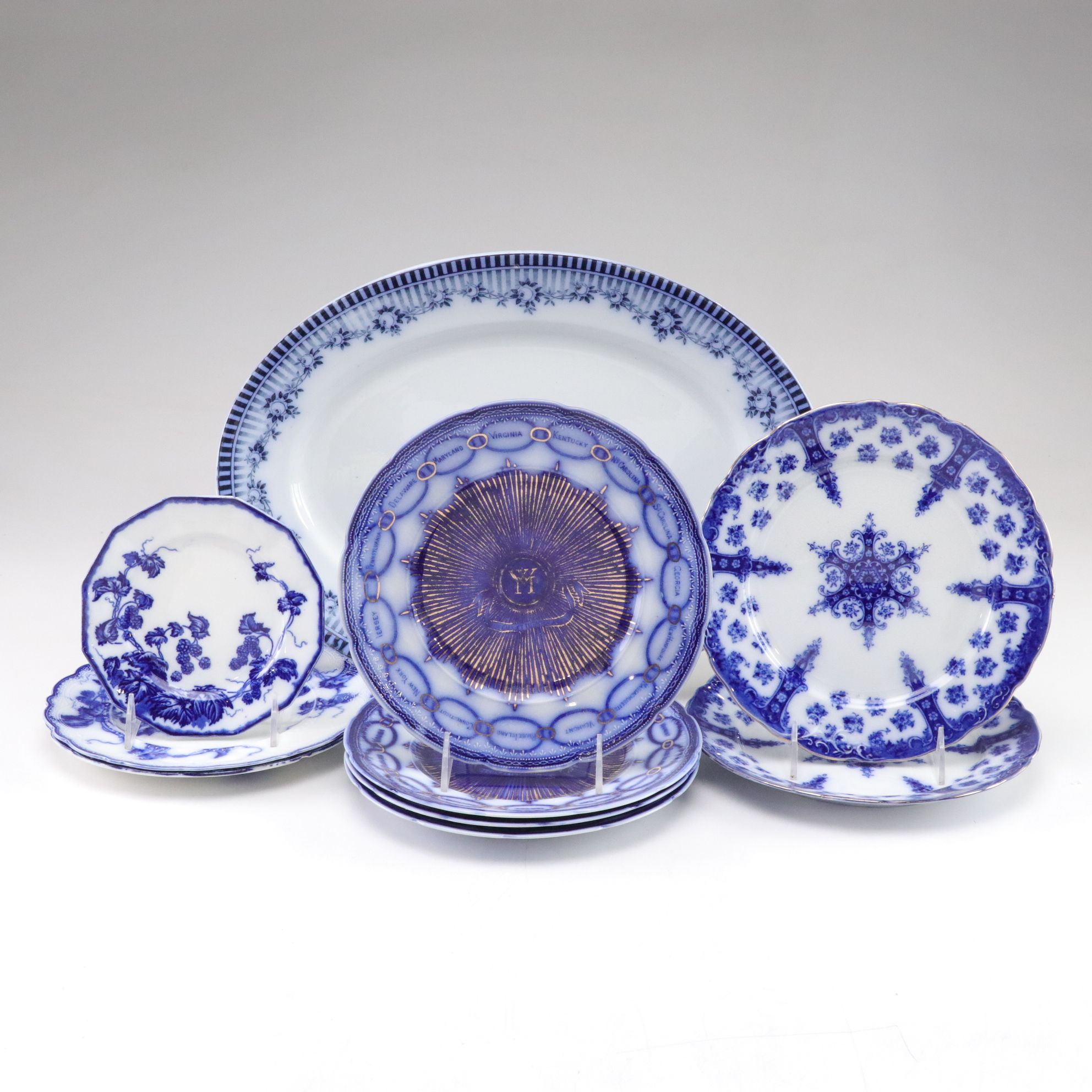 Martha Washington Chain of States and Other Flow Blue Dinnerware, 19th Century