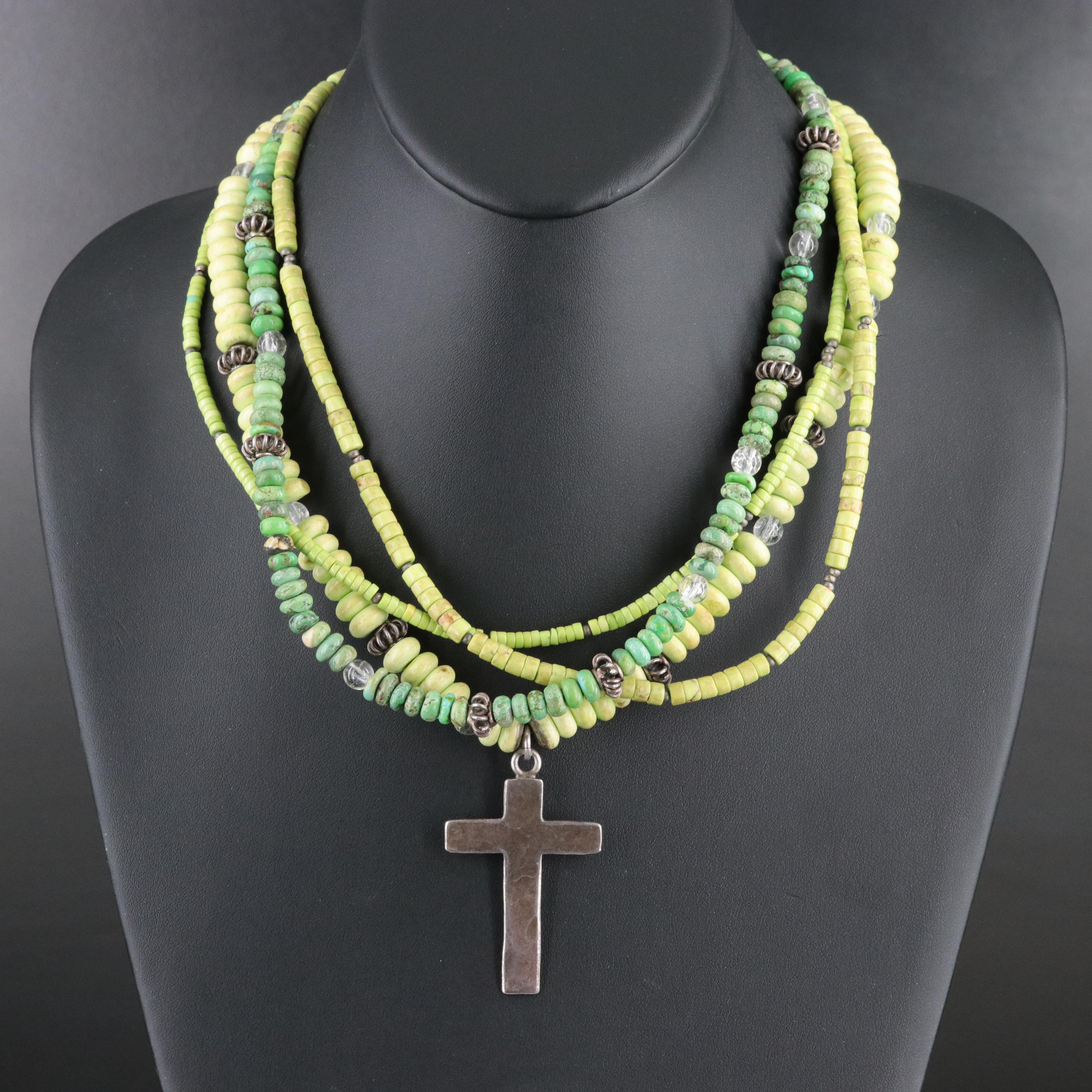 Multi-Strand Magnesite and Rock Crystal Beaded Necklace with Sterling Cross