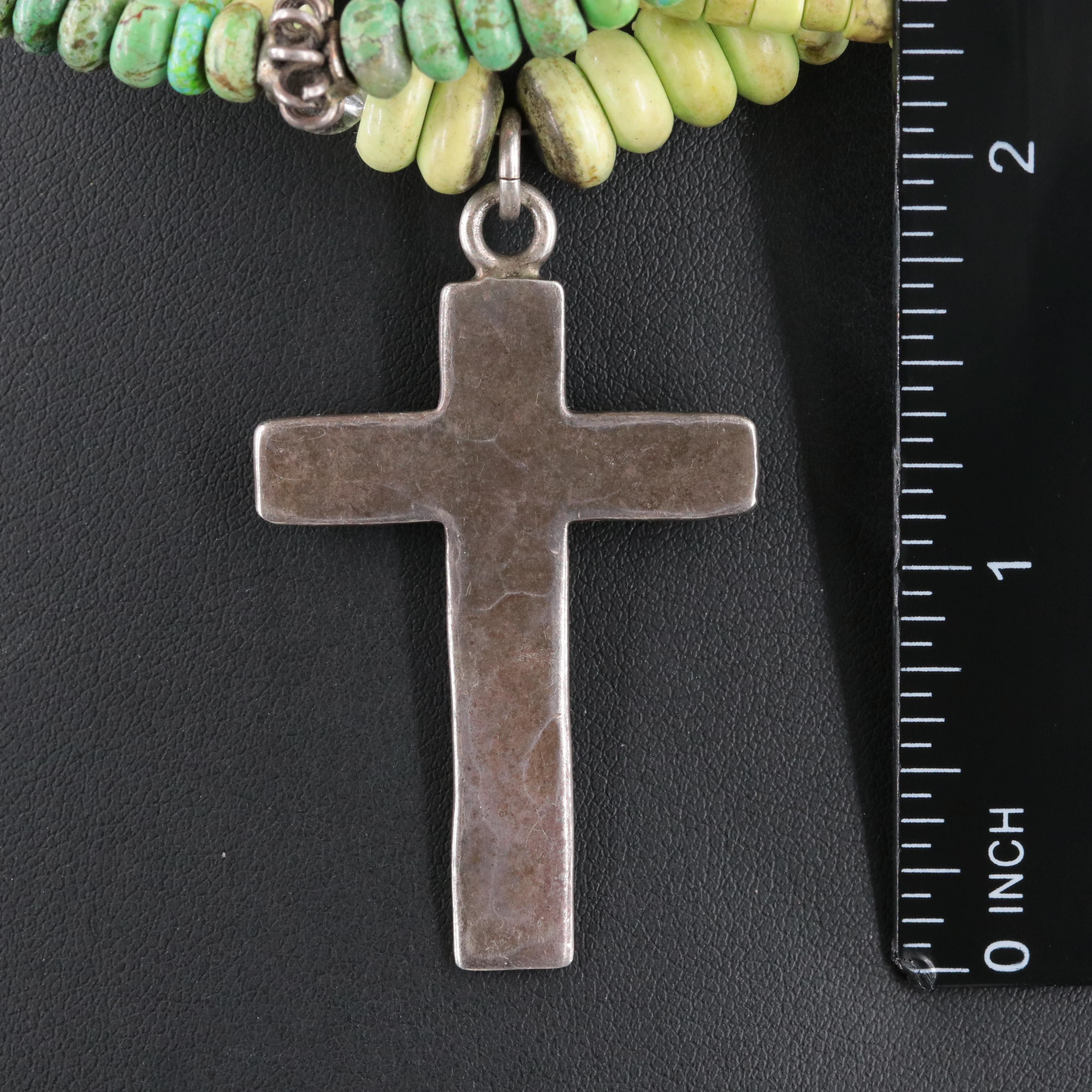 Multi-Strand Magnesite and Rock Crystal Beaded Necklace with Sterling Cross