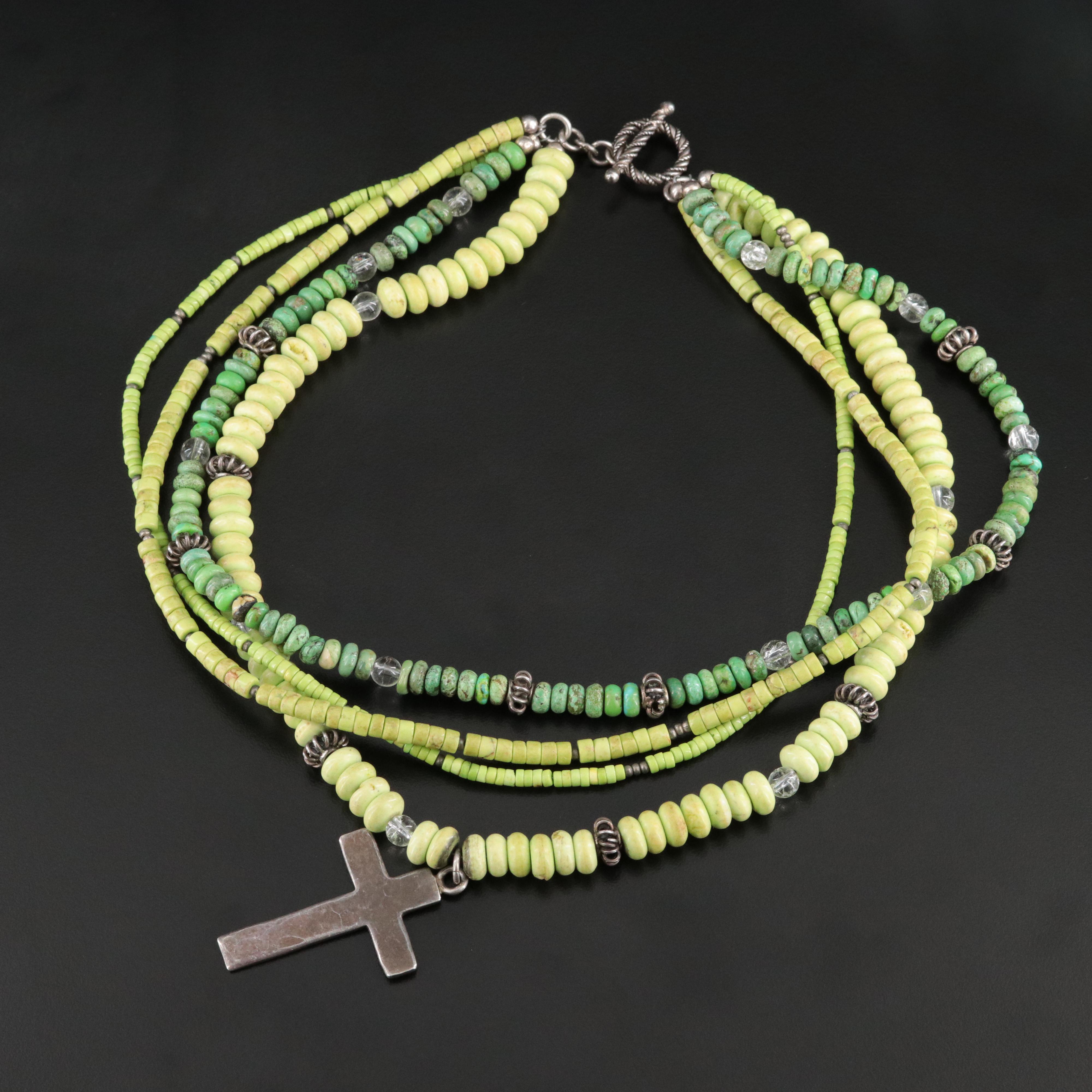 Multi-Strand Magnesite and Rock Crystal Beaded Necklace with Sterling Cross