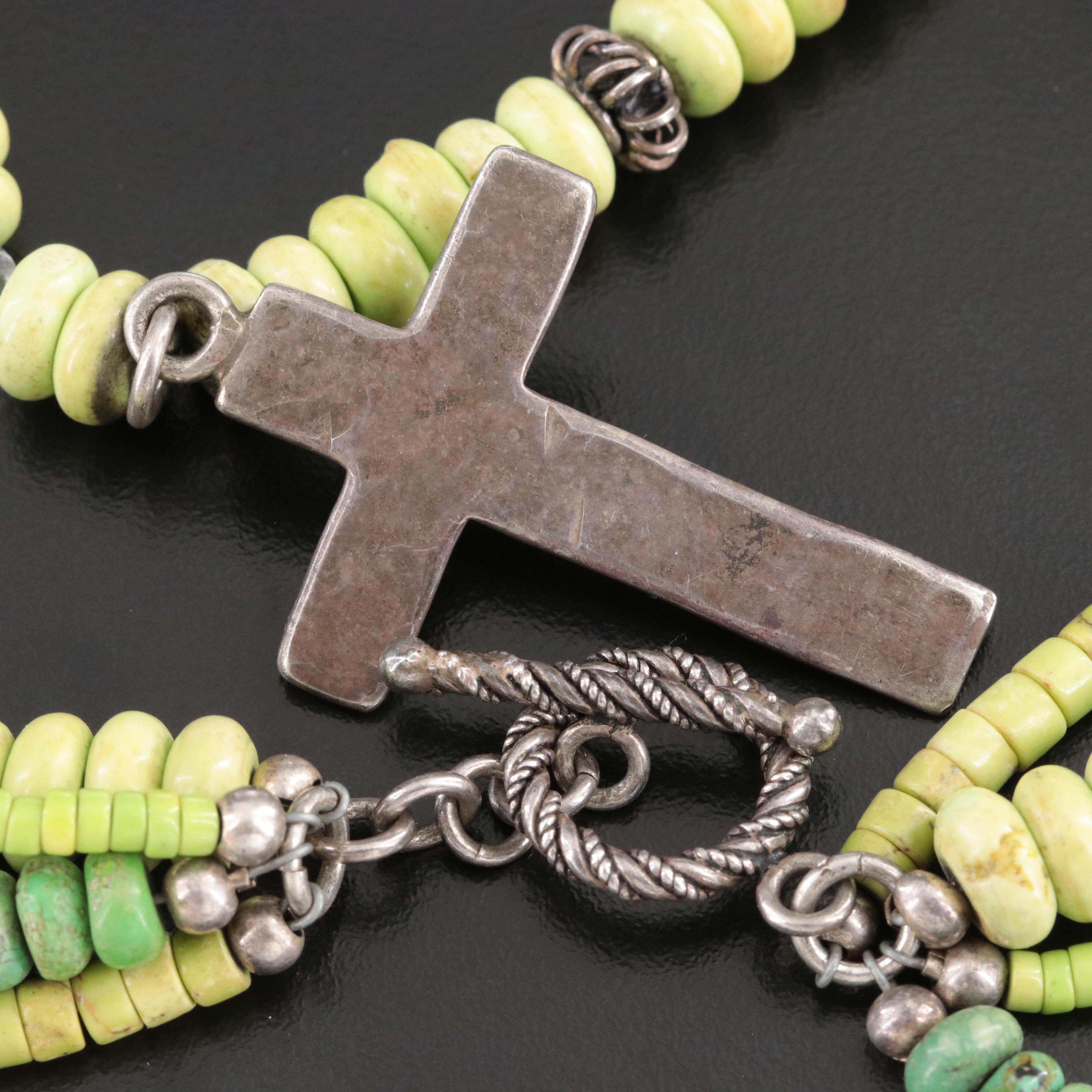 Multi-Strand Magnesite and Rock Crystal Beaded Necklace with Sterling Cross