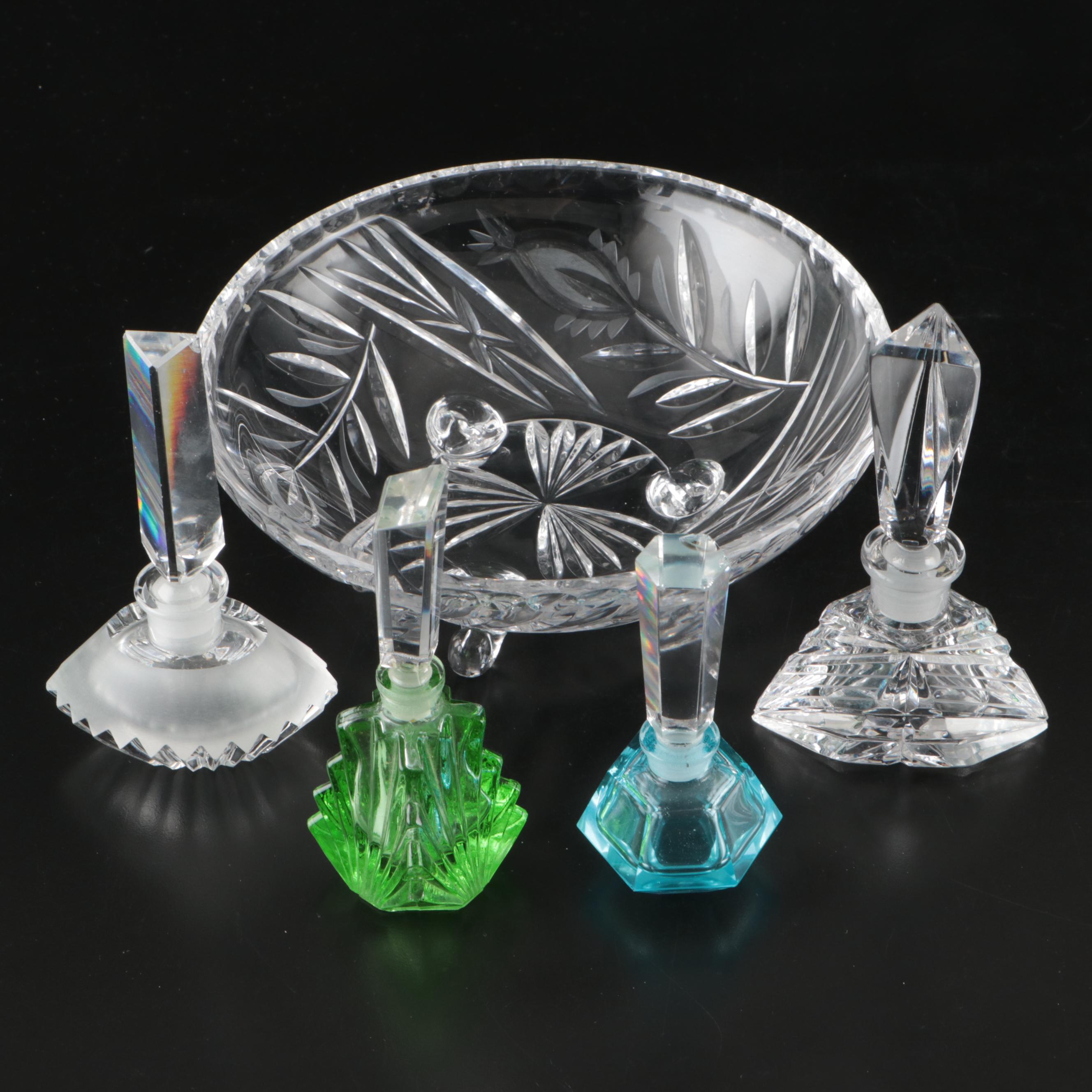 Czech Hand-Cut Crystal Perfume Bottles and Footed Bowl