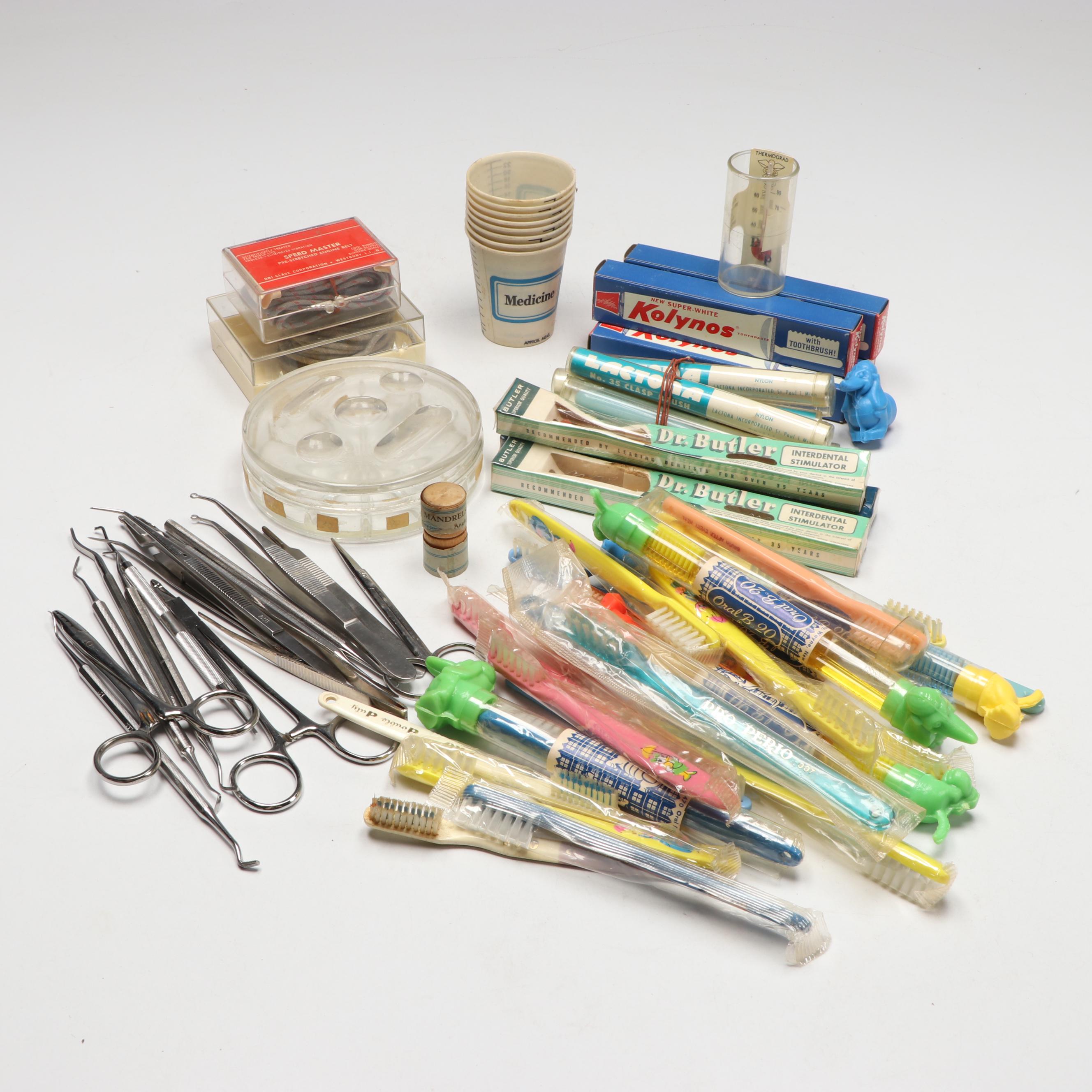 German Stainless Dental Tools with Vintage Oral B Toothbrushes, More Supplies