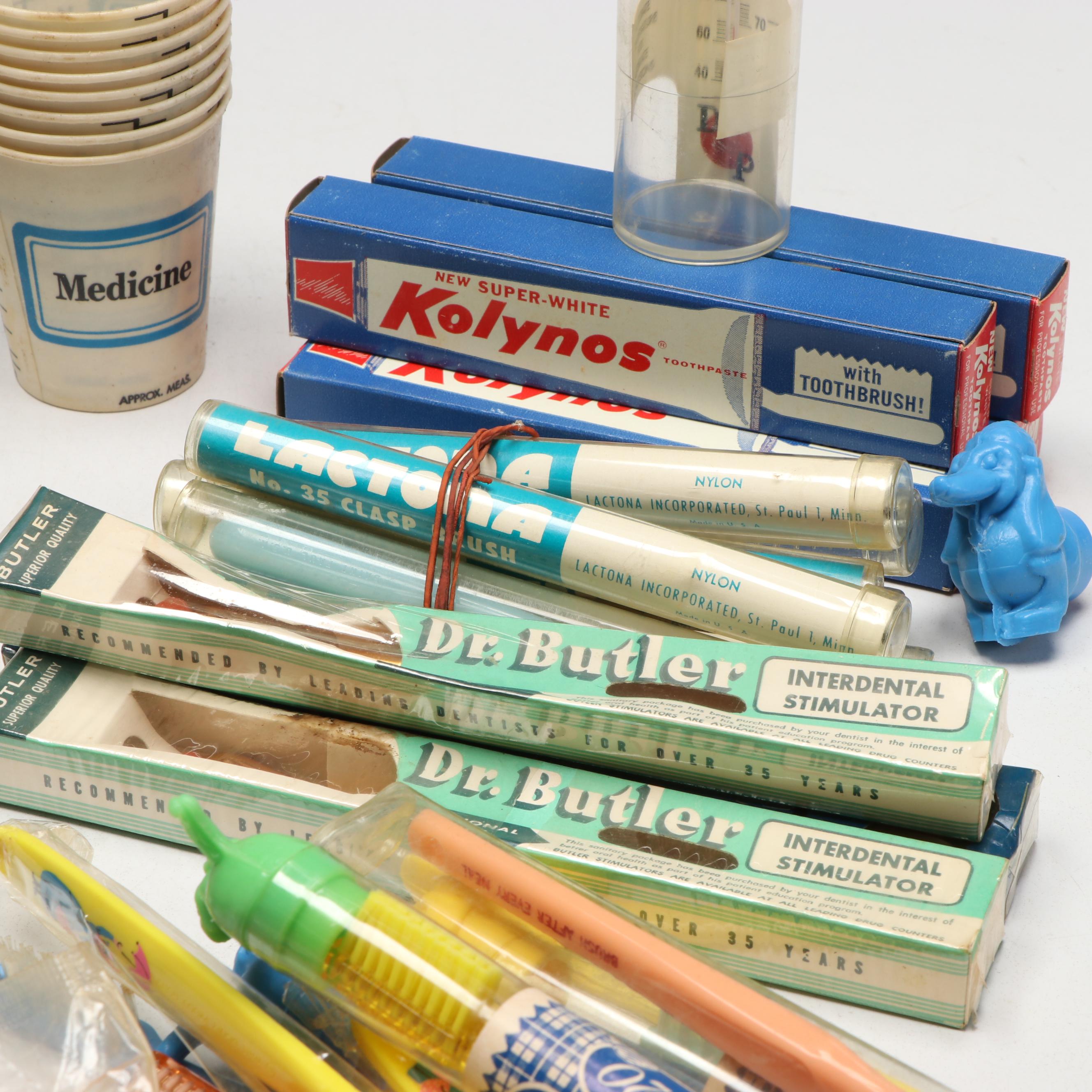 German Stainless Dental Tools with Vintage Oral B Toothbrushes, More Supplies