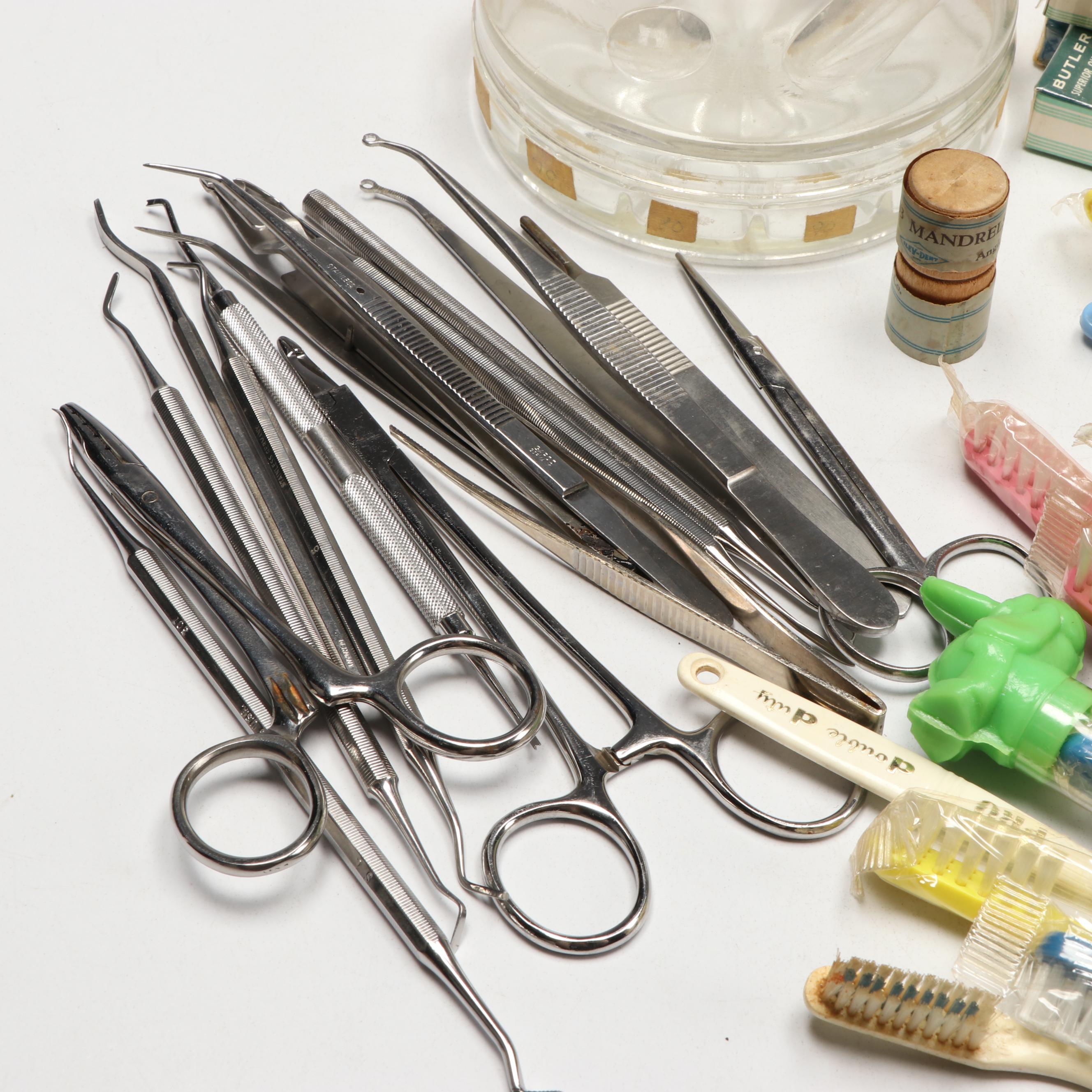 German Stainless Dental Tools with Vintage Oral B Toothbrushes, More Supplies