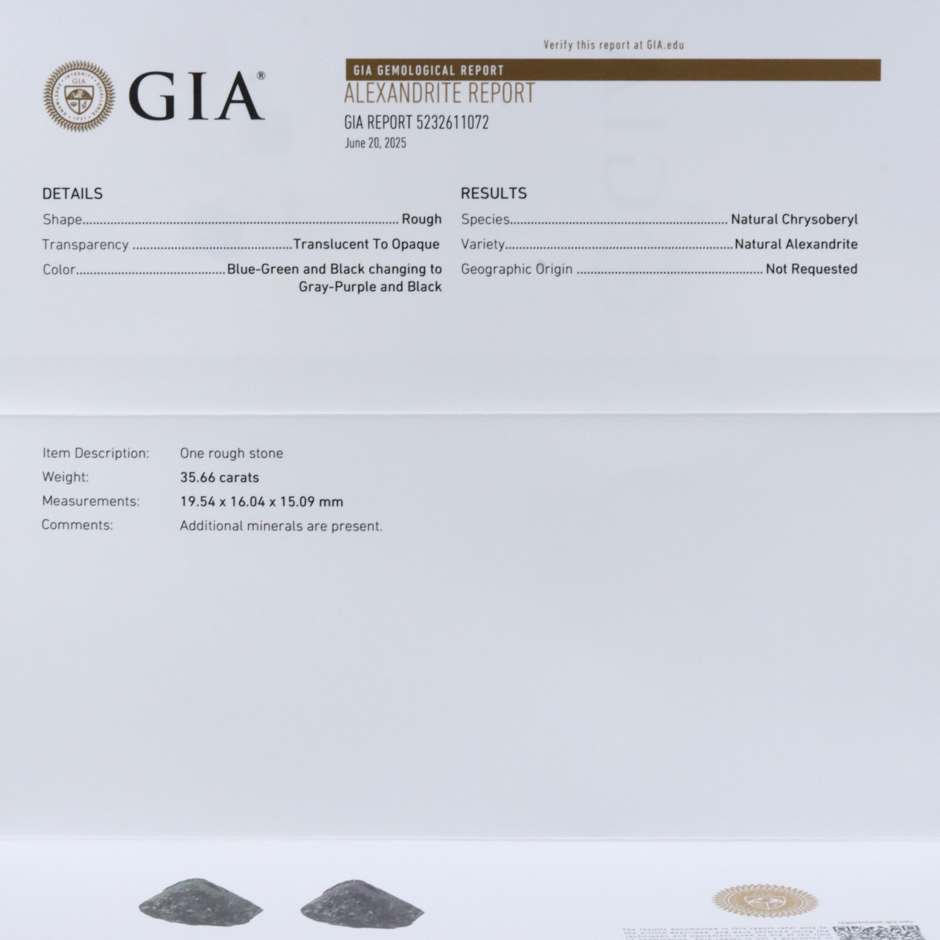 Loose 35.66 CT Rough Alexandrite with GIA Report