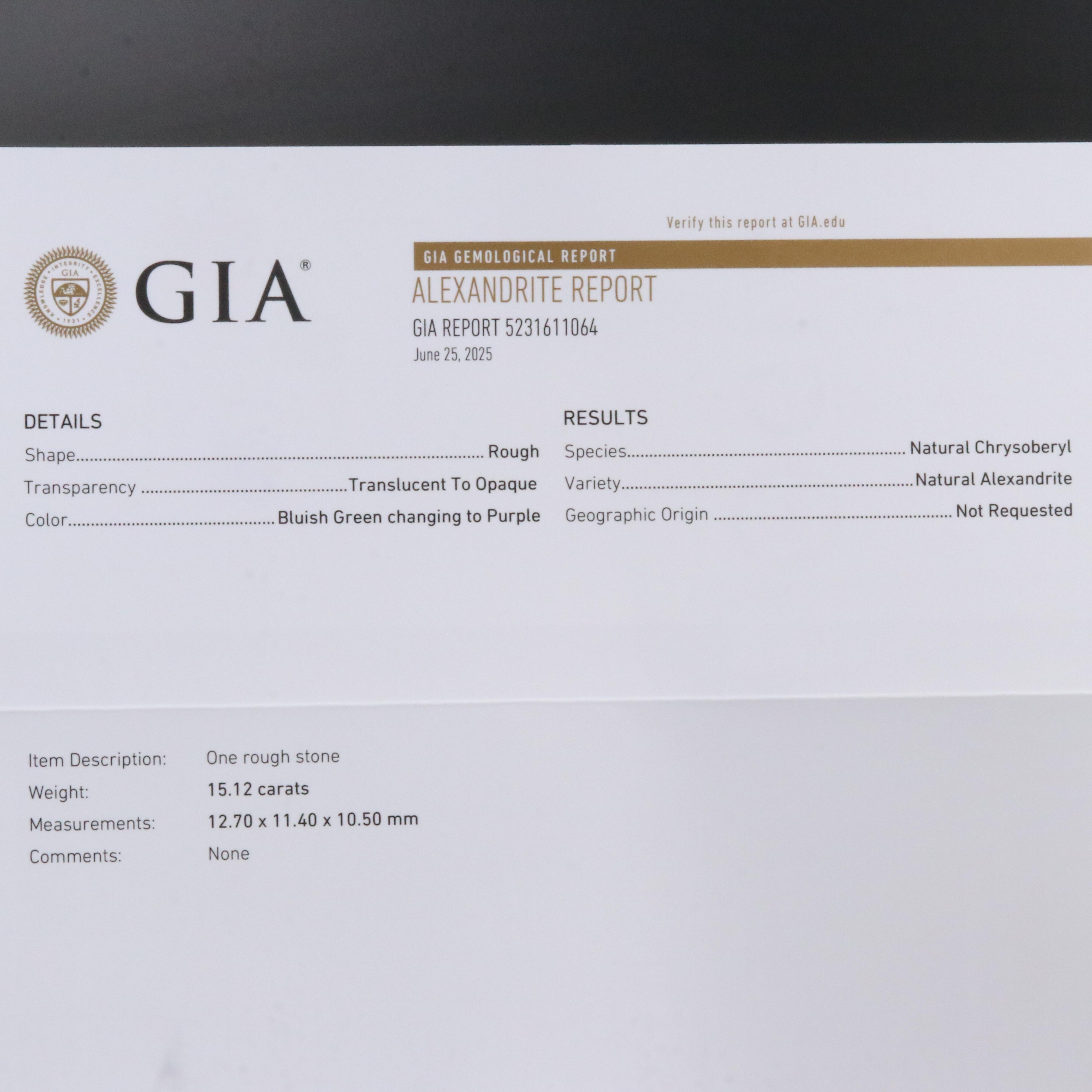 Loose 15.12 CT Rough Alexandrite with GIA Report