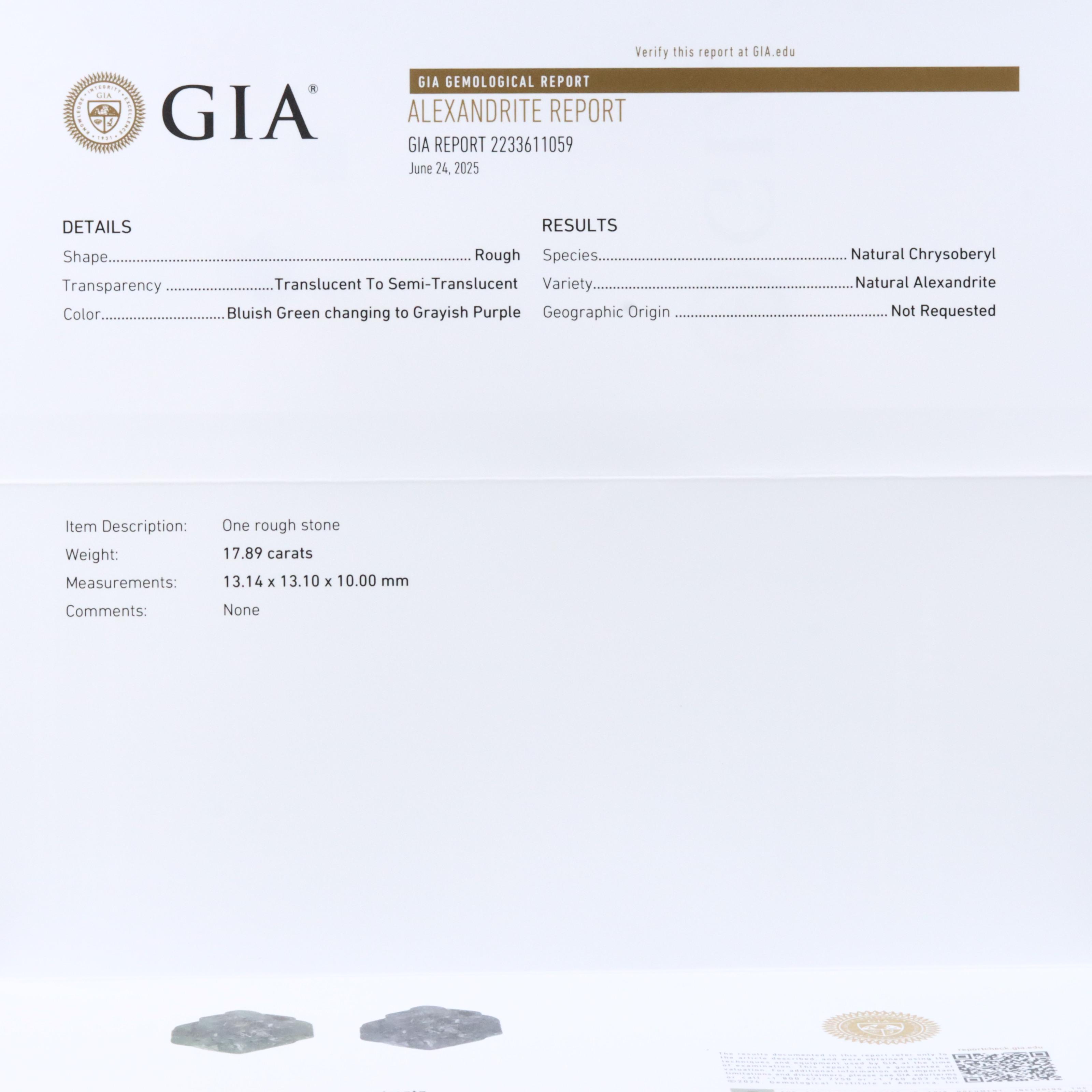 Loose 17.89 CT Rough Alexandrite with GIA Report